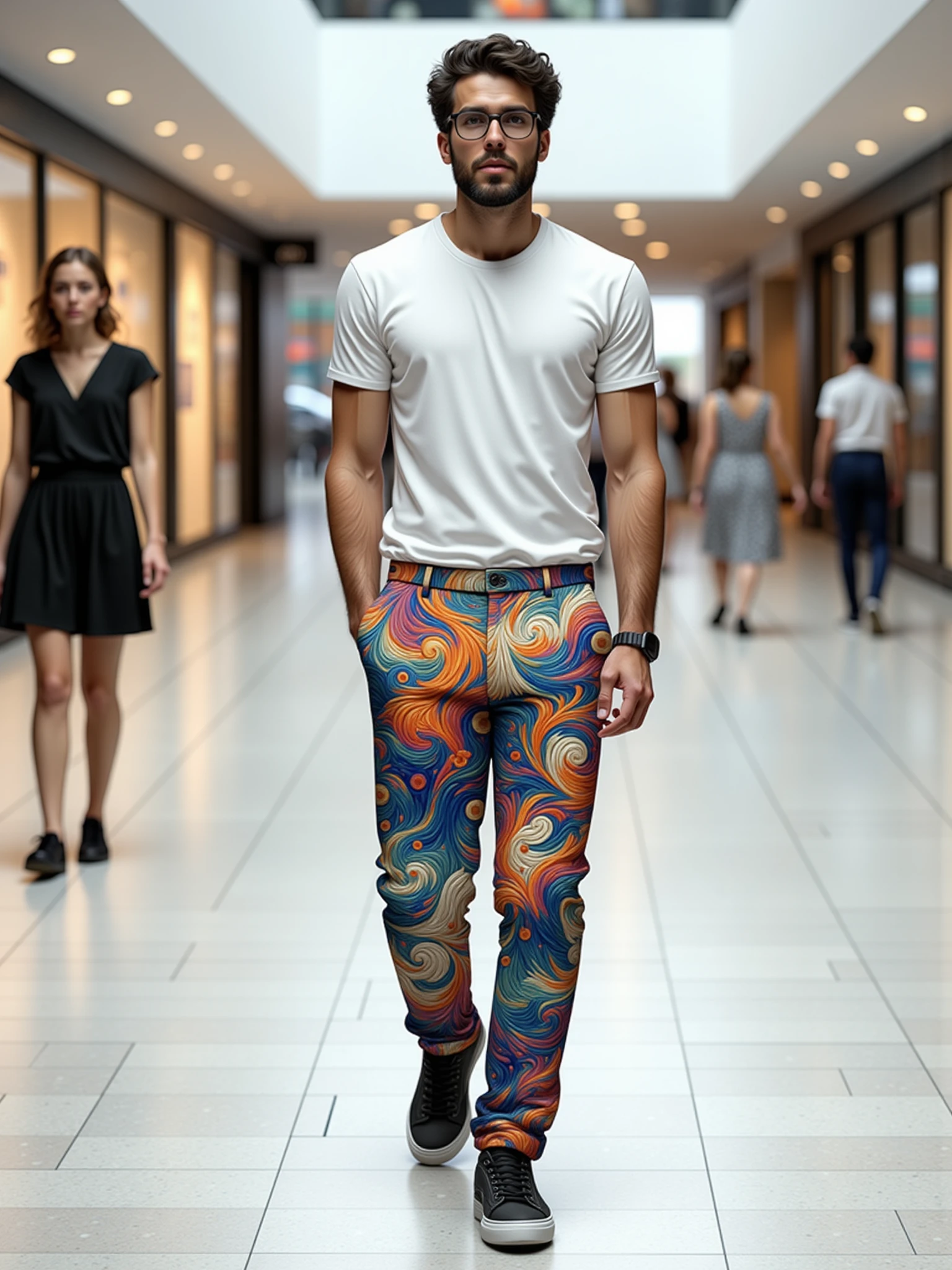 man wearing a mad-clrflvngghn pants and white tshirt walking through mall  <lora:colorful-vangoghian-pattern-flux:1>