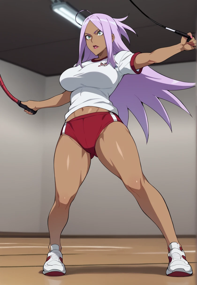 <lora:GarnetMacLaine-10:1> garnetmaclaine, dark-skinned female, dark skin, green eyes, large breasts, makeup, lipstick, GarnetBuruma, red buruma, gym uniform, long hair, purple hair, white shirt, standing, sneakers, short sleeves, shoes, gym shirt, jump rope, jumping, (indoors, gym), 16k, masterpiece, absurdes, highly detailed, highres, high quality, best quality, score_9, score_8_up, score_7_up, score_6_up, shiny, shiny skin, shiny hair, Full body, solo focus