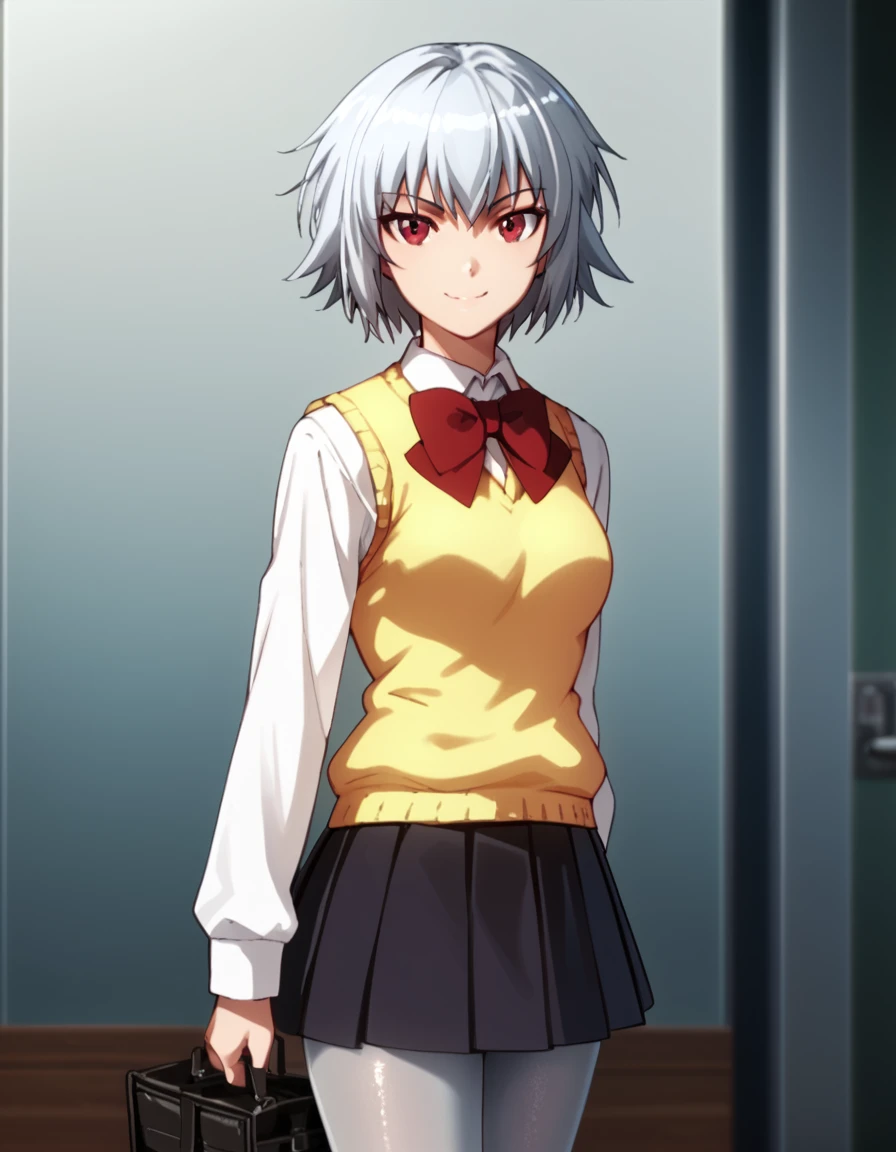 Sen, short hair, red eyes, school uniform, grey hair, sweater vest, grey pantyhose, lace-up boots, pleated skirt, score_9, score_8_up, score_7_up, score_6_up, score_5_up, score_4_up, source_anime  <lora:Ben-Tou:1>, soft smile, portrait,