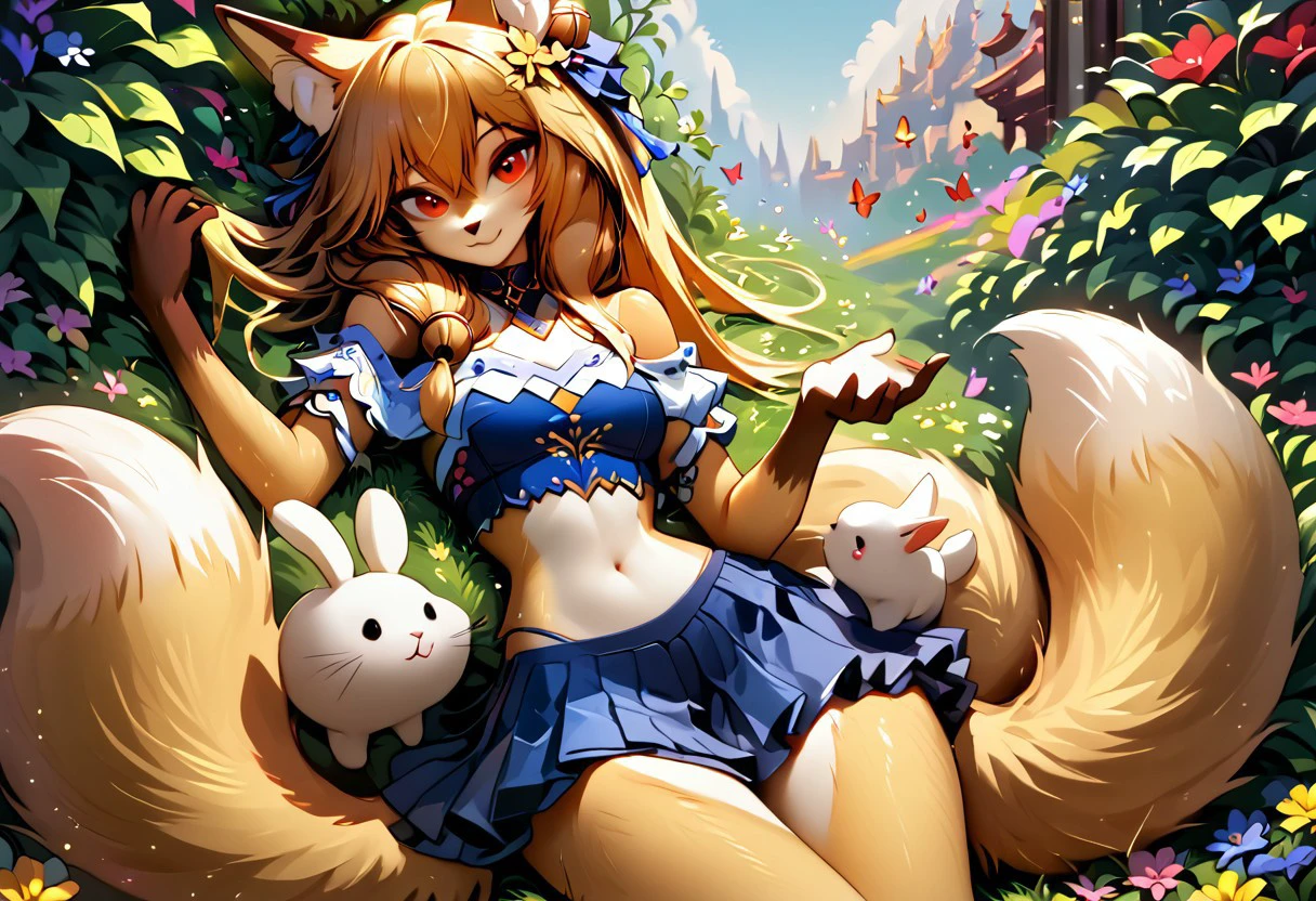 1girl, tail raised, furry female, fox tail, smile, long hair, hair bell, only furry, furry girl, animal ears, 1tail, fluffy tail, smile, red eyes, medium breasts, narrow waist, bare shoulders, off-shoulder shirt, crop top, black choker, blue skirt, pelvic bone, lowleg skirt, short skirt, score_9, score_8_up, score_7_up, solo, masterpiece, detailed background, upright, seated, framed in flowers, circuitry in background, yellow hair, looking at viewer, many flowers in hair, holding rabbit, white rabbit, yellow body, (lying in flowers), butterfly, small breasts,  joyful, light smile,