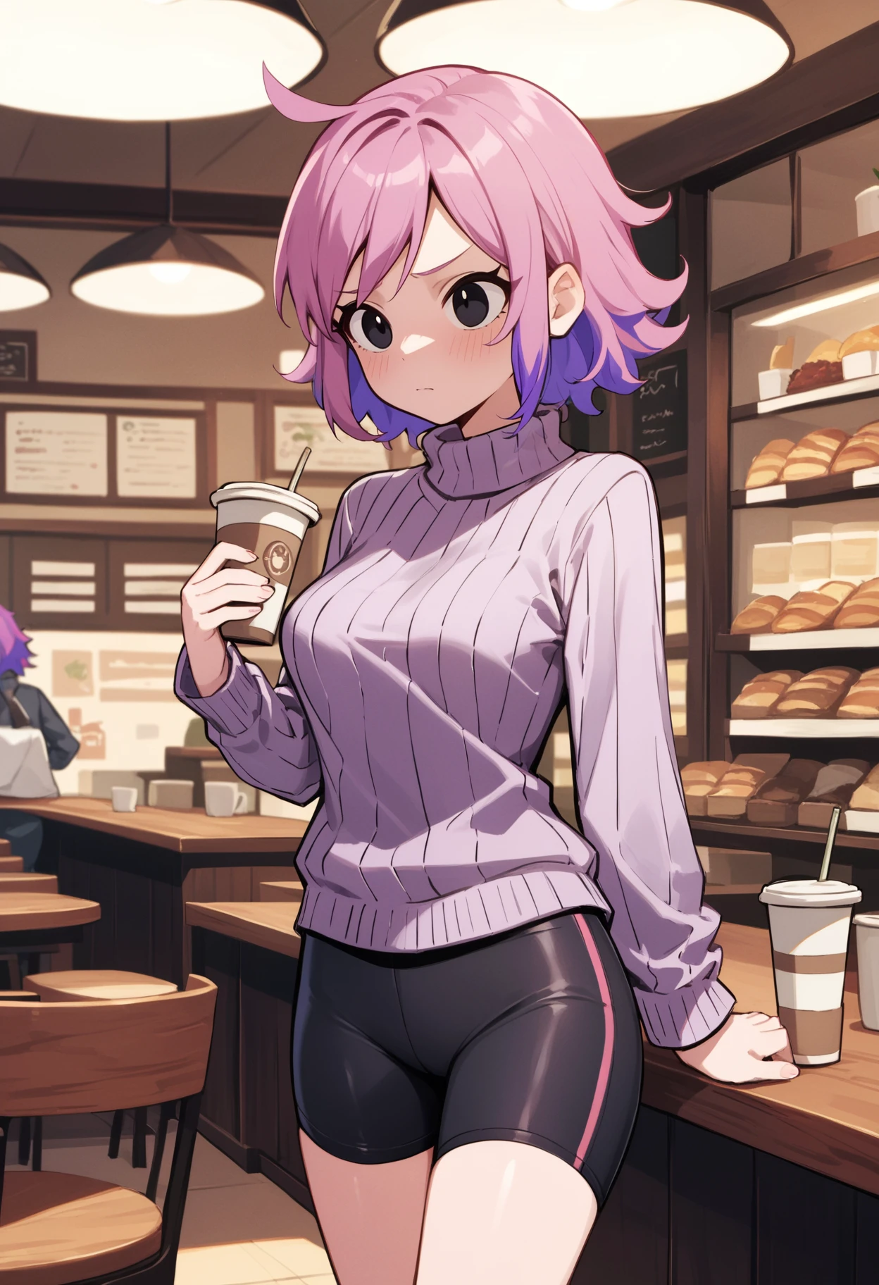 zPDXL3, score_9, score_8_up, score_7_up, score_6_up, score_5_up, score_4_up, 
1girl, medium breasts,
ribbed sweater, bike shorts,
flustered, twisted torso,
cafe,
<lora:Scott Pilgrim TO - Ramona v1:1> spramona, ramona flowers, two-tone hair, pink hair, purple hair, black eyes, solo,