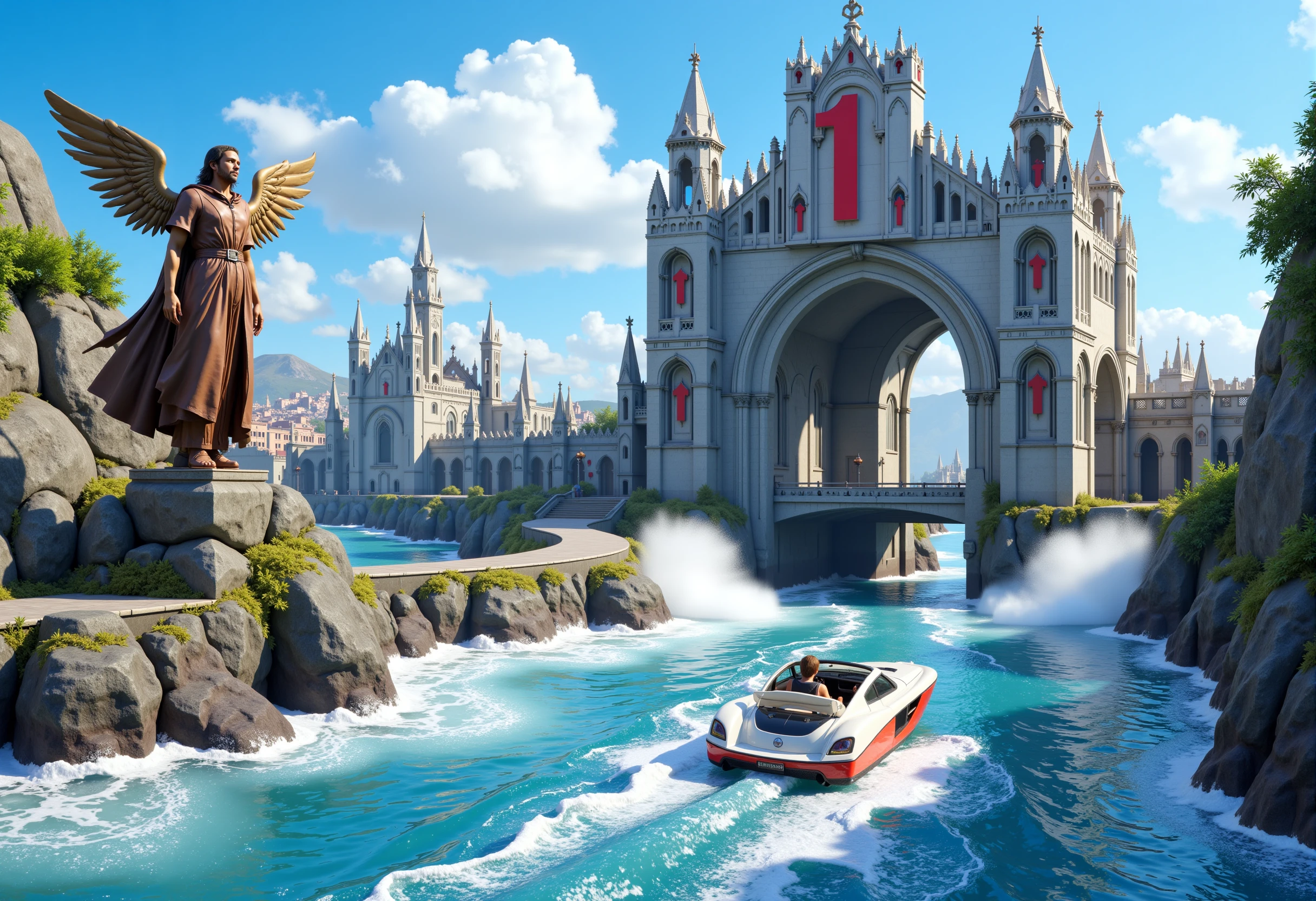 <lora:AntiBlur:2>, ffx5_style
A highly detailed, realistic CGI image, a vibrant, high-fantasy digital artwork featuring a futuristic, gothic-inspired cityscape. The scene is set in a fantastical world with a mix of medieval and modern architectural styles. The image showcases a sleek, white speedboat navigating through a narrow, winding canal or bridge, surrounded by majestic, ornate structures. In the background, a grand, Gothic-style cathedral-like building dominates the scene, adorned with intricate stone carvings and statues. The building features a large, ornate archway with a red "1" sign above it, adding a sense of grandeur and importance. To the left, a majestic statue of an angel stands atop a rocky outcropping, overlooking the scene with a serene expression. The statue is dressed in flowing robes, with wings outstretched, adding a touch of divine presence. The water below is a deep blue, with white foamy waves crashing against the stone structures, creating a sense of dynamic movement. The sky above is a bright, clear blue with fluffy white clouds, enhancing the sense of depth and scale. The overall atmosphere is one of excitement and adventure, with a blend of fantasy and realism. The image is rich in detail and color, with a focus on textures and lighting that creates a sense of immersion. The style is reminiscent of games like "Final Fantasy" or "The Elder Scrolls." The boat's sleek design and the surrounding architecture suggest a high-tech, futuristic setting.