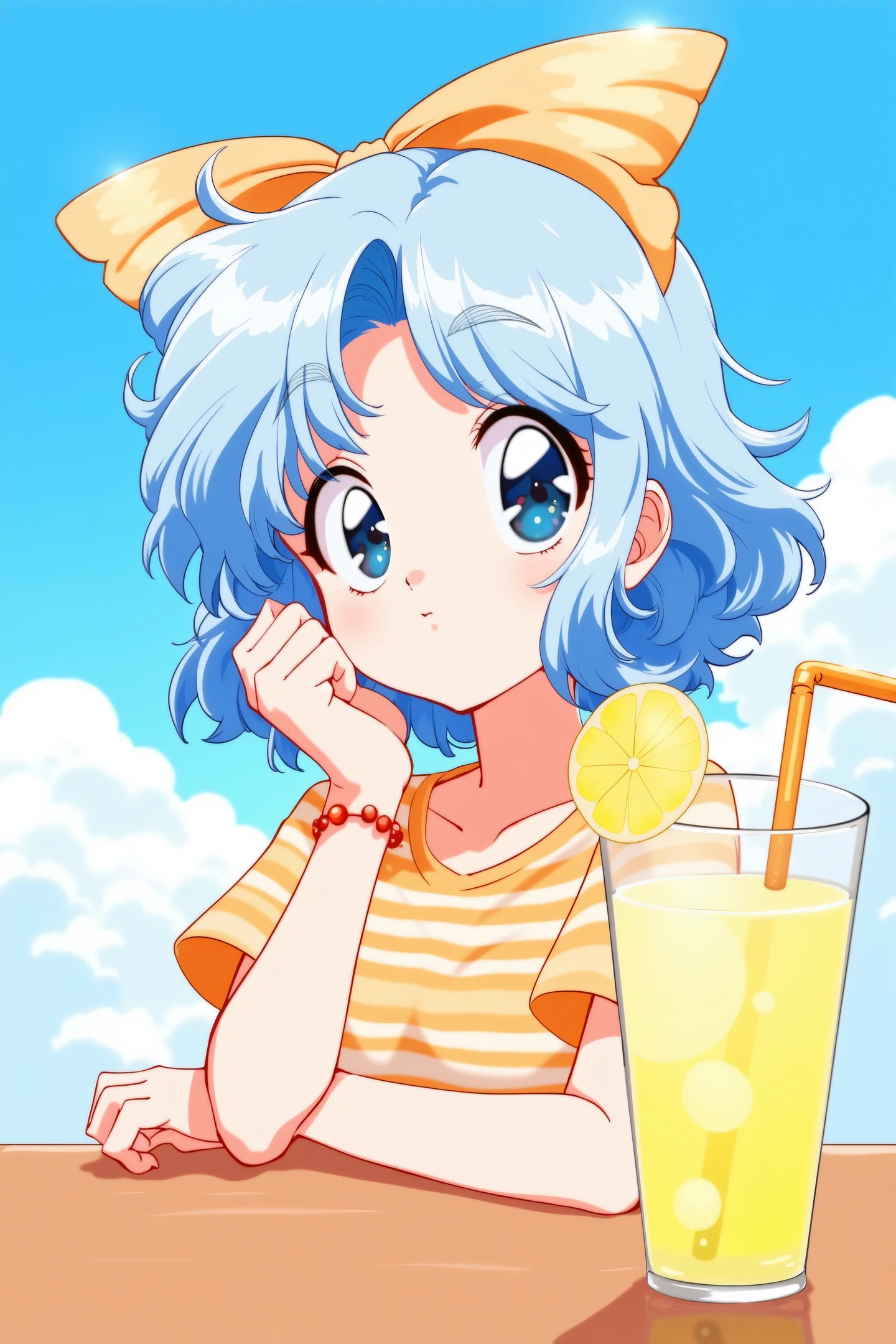 This is a vibrant digital illustration featuring a young anime-style character with a playful and relaxed demeanor. The subject is a young woman with light blue hair styled in a voluminous, wavy bob, adorned with a large yellow bow at the top. Her large, expressive eyes are a striking blue, framed by thick, dark eyelashes. She has a small, delicate nose and a gentle smile, adding to her youthful and cheerful appearance. 
She is dressed in a casual, orange and white striped shirt, which she wears with a relaxed, laid-back attitude. Her hands are resting on the table in front of her, with fingers intertwined, and she has a red bracelet on her left wrist. 
In the background, there is a clear blue sky with fluffy white clouds, suggesting a serene, summery setting. To the right of the character, there's a glass filled with a refreshing lemonade, garnished with a lemon slice and a straw, adding a touch of refreshment to the scene. The overall style is reminiscent of classic anime art, characterized by bold lines, vibrant colors, and a clean, polished finish. The illustration exudes a sense of light-heartedness and carefree joy.
<lora:hrn_yc:1>,