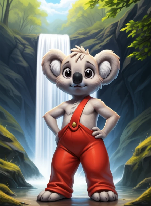 <lora:BlinkyBillAmyRosMilPowAroYif:1> BlinkyBillAmyRosMilPowAro, koala, gray fur, chibi, small body, red pants with suspenders,
Looks at the viewer, [  solo, (nature), forest, day, clouds, waterfall,]  ((Hands on hips, standing, ))
(beautiful, aesthetic, perfect, delicate, intricate, saturated colors), masterpiece, digital drawing, best quality,
by ulitochka, by taran fiddler, by Silverfox5213, by personalami,