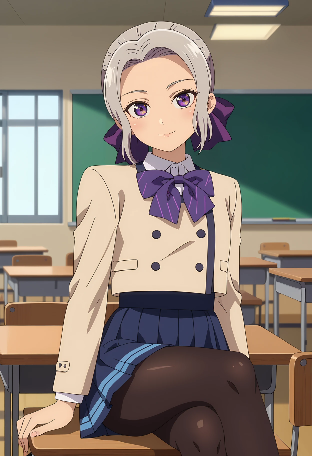 score_7_up, anime screencap, anime coloring,
<lora:KanojoMoKanojo_KiryuuShinoXL:0.9>,
1girl, solo, closed mouth, light smile, head tilt,
short hair, grey hair, parted bangs, purple eyes, hair bow, purple bow,
ShinoSchool, blazer, brown jacket, purple bowtie, buttons, long sleeves, pleated skirt, blue skirt, black pantyhose,
arms at sides, sitting, crossed legs, looking at viewer, cowboy shot,
blurry background, indoors, classroom