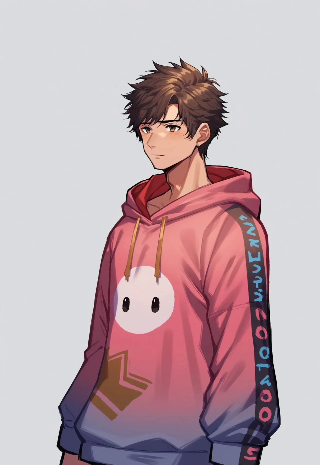 gentlebean_ffxiv, solo, hood, male focus, 1boy, hoodie, pink hoodie, hood down, white background, short hair, brown hair,  brown eyes, simple background, BREAK PonyXLV6_Scores