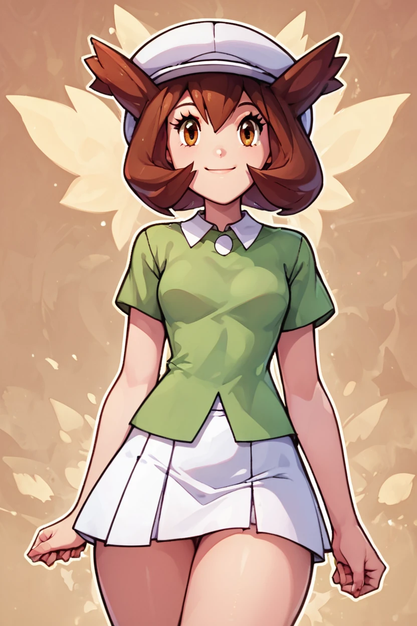 score_9, score_8_up, score_8, medium breasts, (curvy), cute, eyelashes,       BREAK, ,  zzBianca,  brown hair,  brown eyes, medium hair,   hair between eyes, short sleeves, green shirt, collared shirt, white hat, skirt, white skirt,  <lora:Bianca_PokemonHeroes_PDXL:0.7>, , BREAK, smile, looking at viewer,  abstract background, white outline, cowboy shot, embedding:zPDXL, Expressiveh, <lora:CatalystStylePDXL:0.6>,  <lora:SDXLFaeTastic2400:0.5>,  <lora:Expressive_H-000001:0.4>,