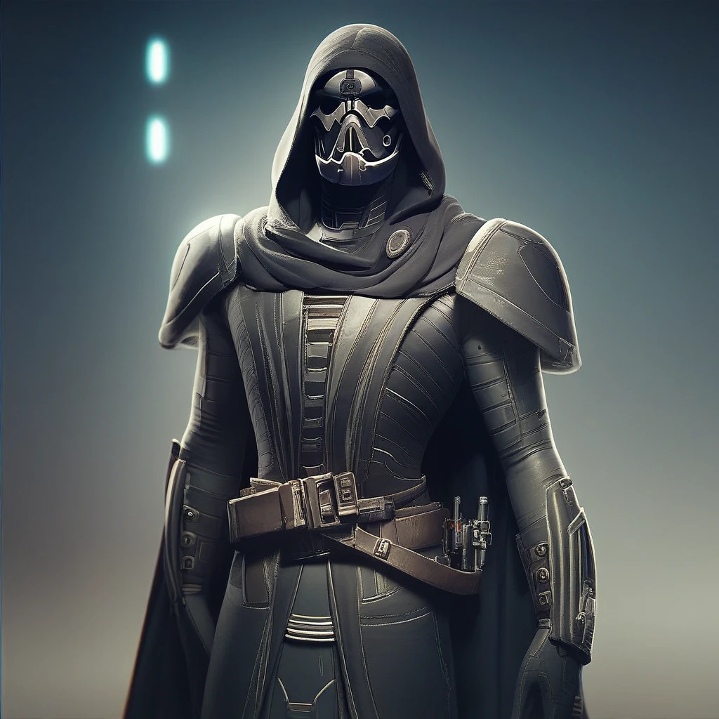 score_9, score_8_up, score_7_up, score_6_up, darthnox, star wars, 1boy, solo, male focus, armor, cape, mask, belt, cloak, hood up, helmet, science fiction