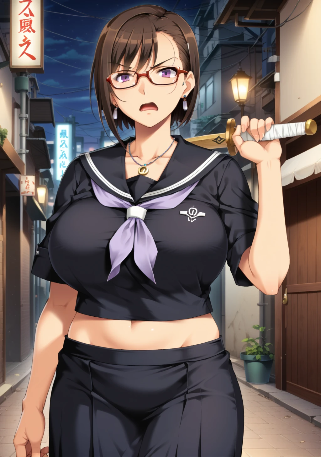 score_9, score_8_up, score_7_up, source_anime,high detail, detailed face,1girl,(huge breasts:1.2),awaza,brown hair, purple eyes,short hair,bangs,glasses, jewelry, earrings,necklace,<lora:awaza:0.8>,sukeban,black serafuku,shinai,wooden sword,holding weapon,long skirt, navel,<lora:Sukeban__Delinquent_Girl_Outfit:0.8>,night,alley,neon light,depth of field,frown,angry,open mouth,looking at view,