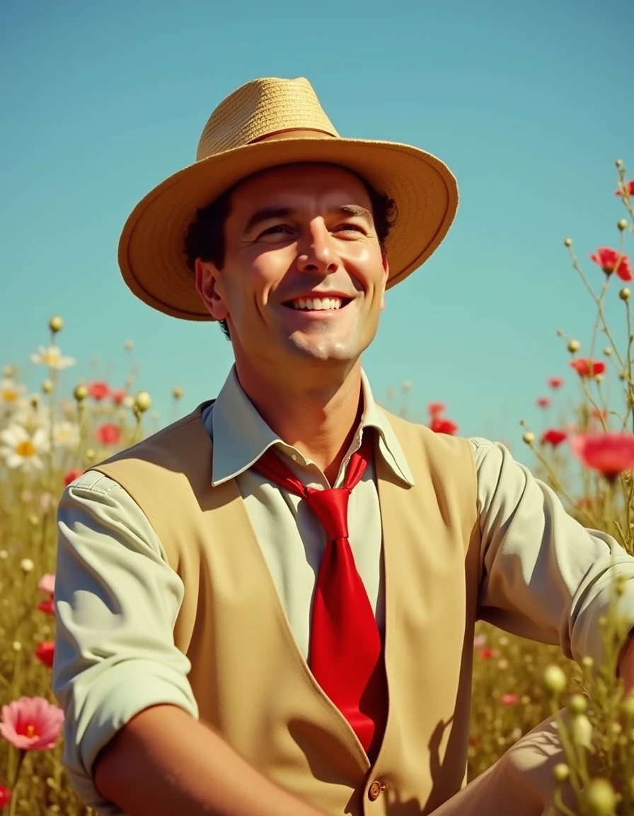 <lora:Vaguely Vintage_epoch_4:0.5>, a vaguely vintage picture of a man wearing a tan shirt with a white shirt and a red tie and a straw boater hat, in a flower garden, bright blue skies, beautiful summer day