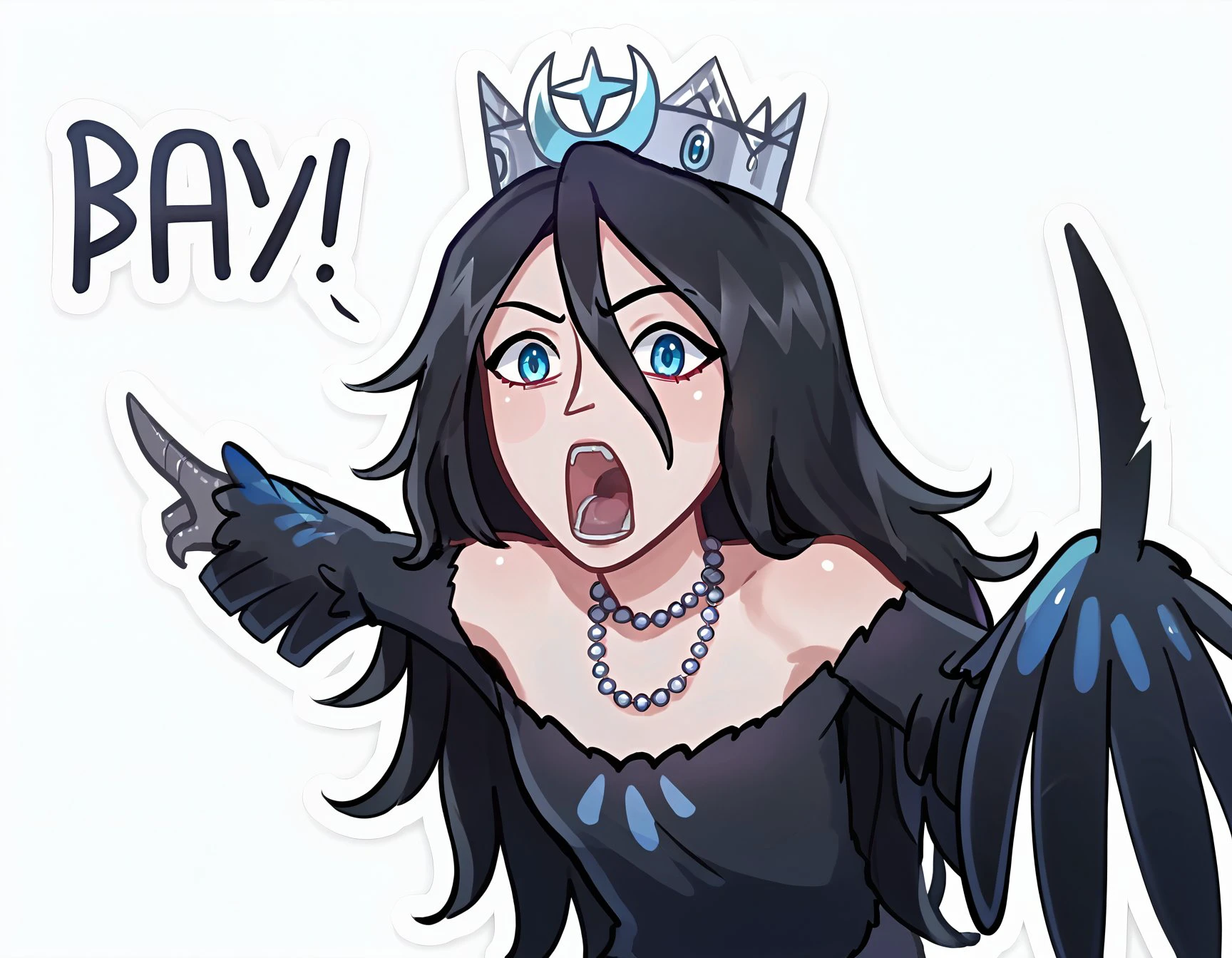 score_9, score_8_up, score_7_up, score_6_up BREAK, soyjacks, 1girl, solo, pointing, open mouth, :o, looking at the viewer, 1girl, solo, long hair, blue eyes, black hair, necklace, crown, monster girl, harpy, winged arms <lora:Sirin:0.7> <lora:add-detail-xl:0.3> <lora:soyjacks:0.8>