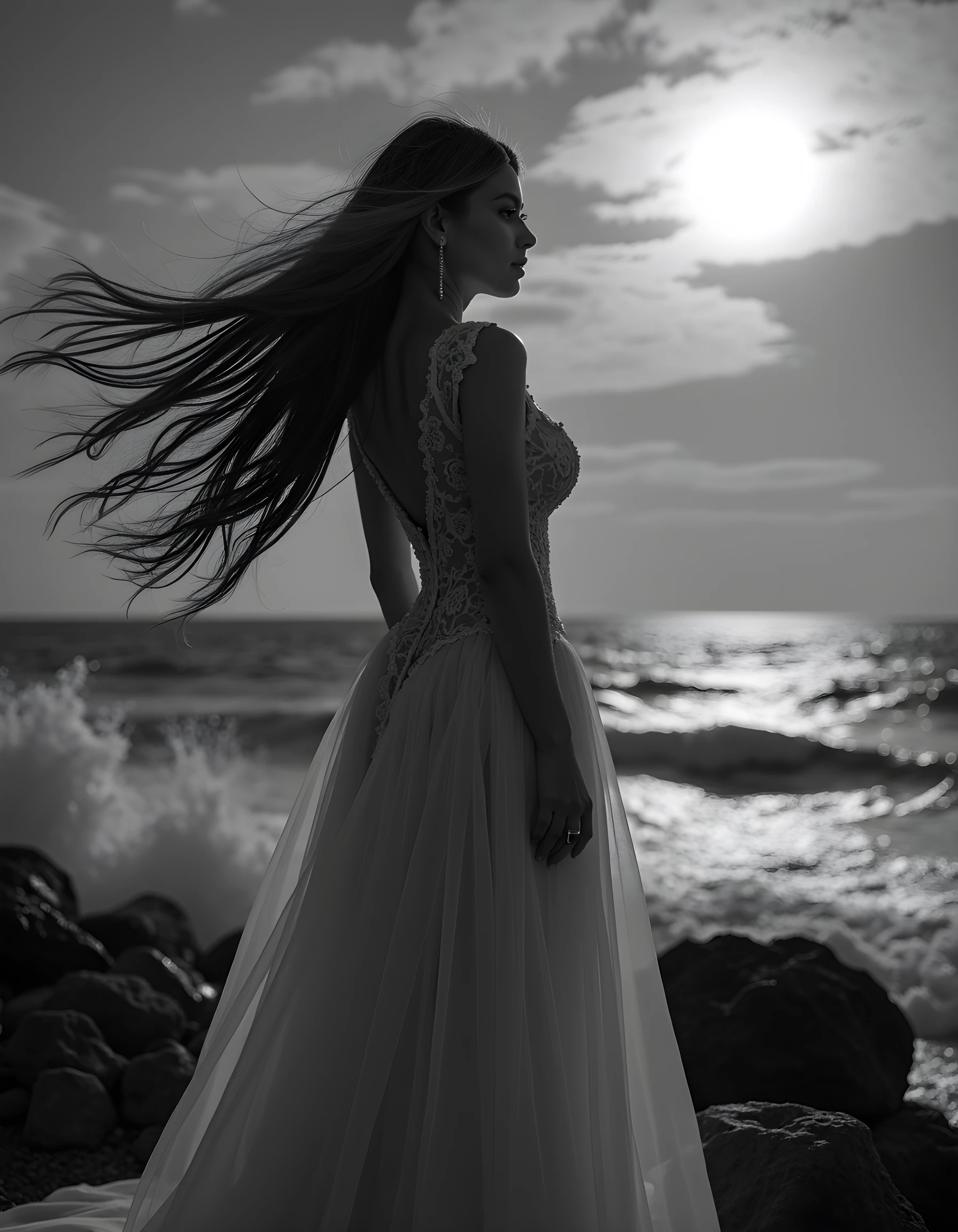 D4ND, In a hauntingly beautiful, black-and-white photograph, taken from a low angle to accentuate her regality, a mysterious woman dressed in an ethereal, Victorian-inspired gown with intricate lace details and a dramatic train, poses with her back towards the camera, gazing out towards a stormy, moonlit seashore. The wind sweeps through her long, flowing hair, creating a sense of movement, while the waves crash against the rocks in the foreground, casting an eerie glow on her silhouette, evoking a melancholic and romantic atmosphere.