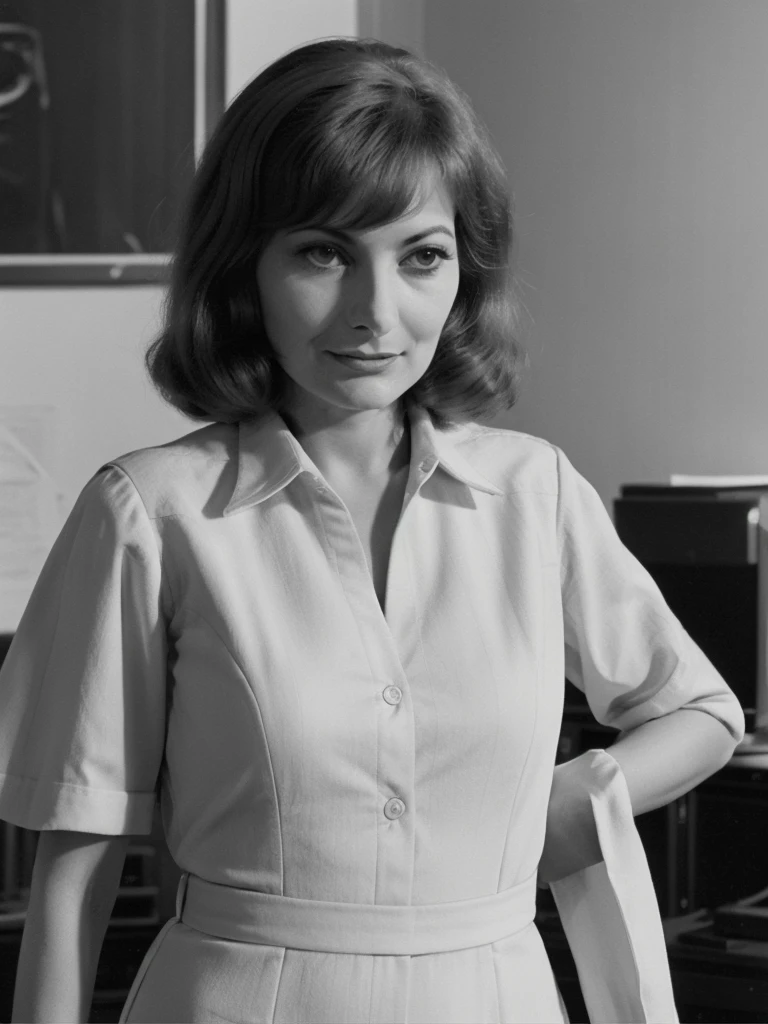 a professional absurdres sharp focus intricately detailed photograph of a 1970s-era (Rossella_Falk:1.1), with a slight grin and a messy loose hairstyle, 
wearing a sensible formal business suit in a typical 1970s office,
 <lora:Rossella_Falk-SDe13:0.8>,