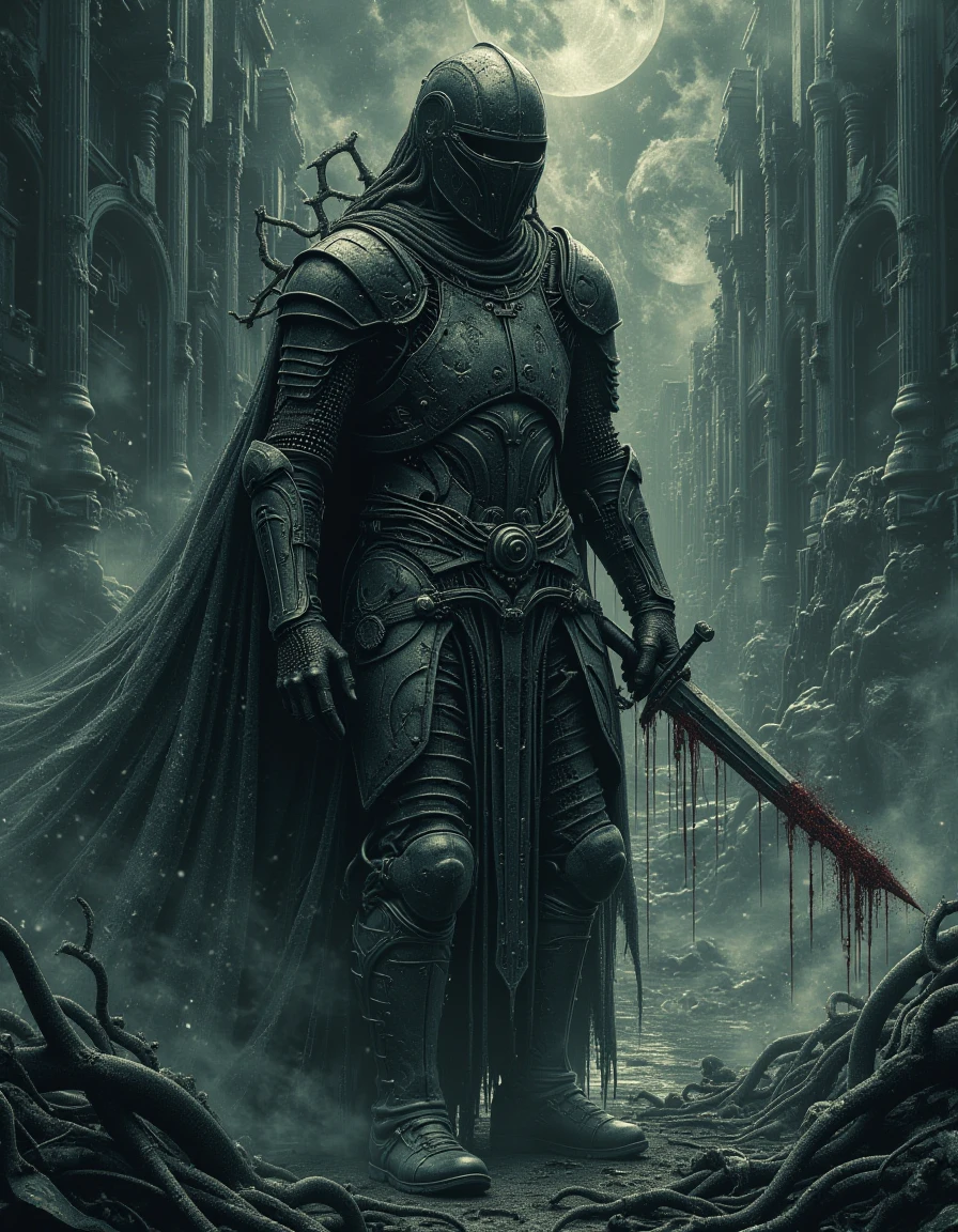 A spectral knight clad in ancient crusader armor roams a desolate battlefield, his form flickering like a ghost. His sword, once a symbol of righteousness, now drips with ethereal blood. The air around him is cold, and his eyes burn with an unfulfilled purpose
 <lora:The_Dark_Side_Of_The_Future:0.6>