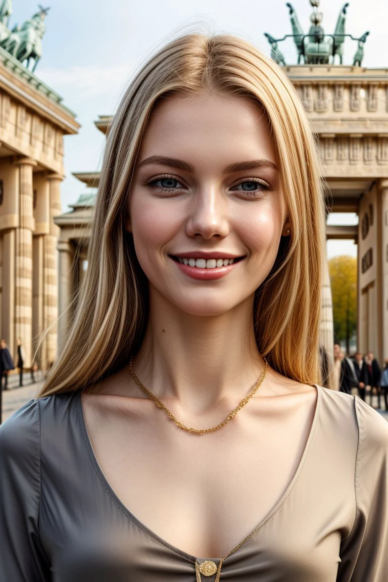 European woman, closeup, (shirt), pants, (brandenburg gate), gold necklace , smiling , ZM_lena, wide shoulders, perfect face, (contact iris: 1.1), pale skin, skin pores , depth of field