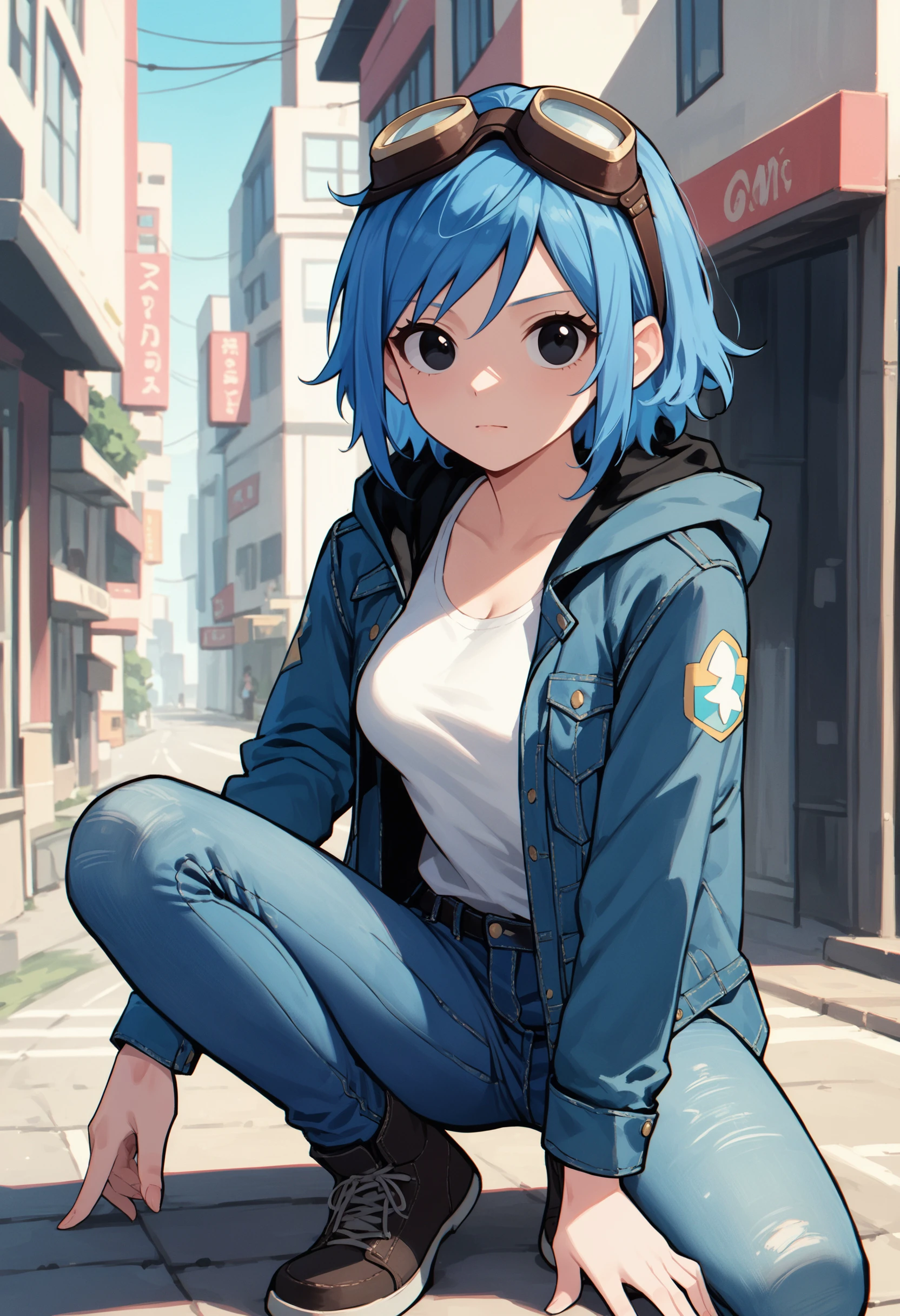 zPDXL3, score_9, score_8_up, score_7_up, score_6_up, score_5_up, score_4_up, 
1girl, medium breasts,
goggles on head, white tank top, denim jacket, open jacket, denim jeans, hooded jacket, 
disdain, on one knee,
city,
<lora:Scott Pilgrim TO - Ramona v1:0.6> spramona, ramona flowers, blue hair, black eyes, solo,