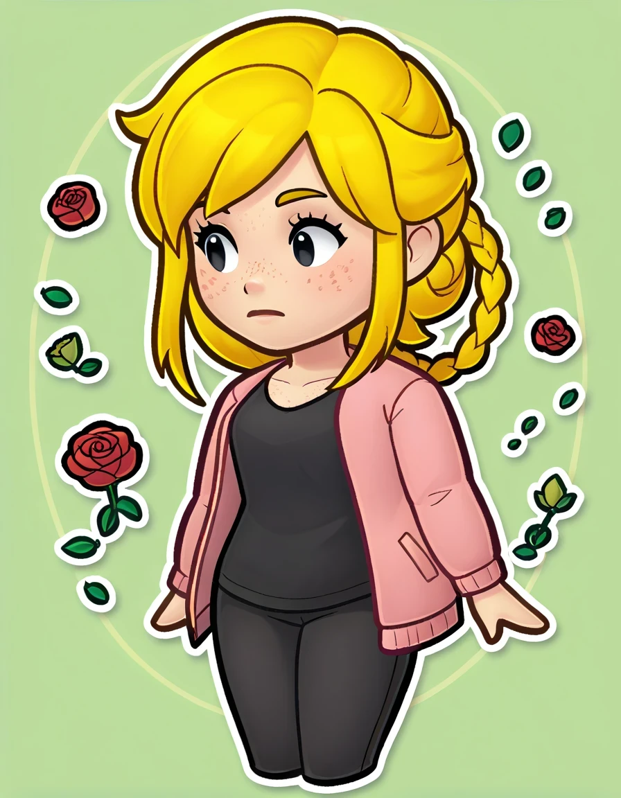 score_9, score_8_up, score_7_up, score_9 masterpiece, highres, green background,
Black eyes, chibi,
solo 1girl,  white outline, black eyes, curvy, freckles, EmilyA, blonde hair, braid, shirt, black shirt, jacket, pink jacket, long sleeves,
forest background, roses, vines, plant