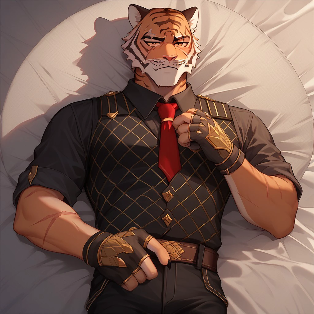 score_9, score_8_up, score_7_up, detailed background, <lora:Oscar:1.0> oscar, tiger boy, standing, black vest, red tie, fingerless gloves, gloves, collard shirt, bara, scar, solo, 1boy, lying, open pants, lifted shirt <lora:Expressive_H-000001:.70>, expressiveh