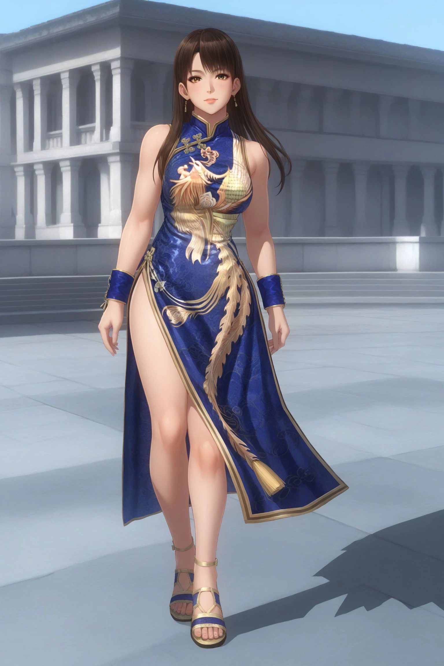 leifang, black hair, long hair, straight hair, brown eyes, leifangblue, chinese clothes, blue dress, china dress, sleeveless, wristband, blue wristband, pelvic curtain, white panties, sandals, <lora:Lei_Fang_Dead_or_Alive:0.7>, score_9, score_8_up, score_7_up, score_6_up, score_5_up, source_anime, rating_safe, medium breasts, outdoors, 1girl, solo, looking at viewer, <lora:age_slider_v4:3>, (upper body:1.2), closed mouth