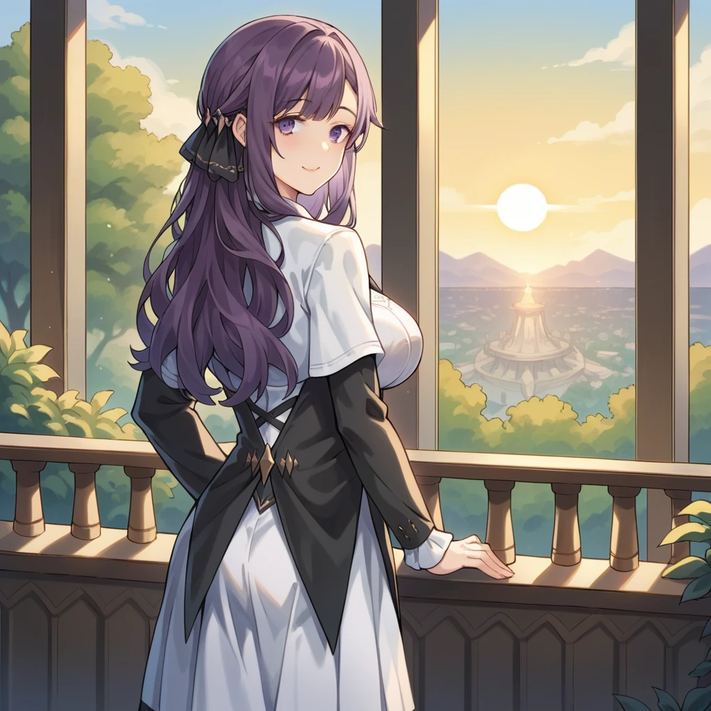 score_9_up, score_8_up, score_7_up, source_anime, masterpiece, best quality, 1girl, solo, KafkaHi3, sun light, forest, garden, sunrise, standing on balcony, hands on railing, from behind, looking back at you, gentle smile, purple eyes, purple hair, long hair, hair ornament, white dress, black dress, collared dress, white shirt, collared shirt, black corset, two-tone sleeves, white sleeves, black sleeves, frilled skirt, white skirt, black skirt, frilled necktie, black necktie, black bowtie, white pantyhose, pleated sleeves, ribbon, mature body, dynamic cowboy shot, indoors, library background