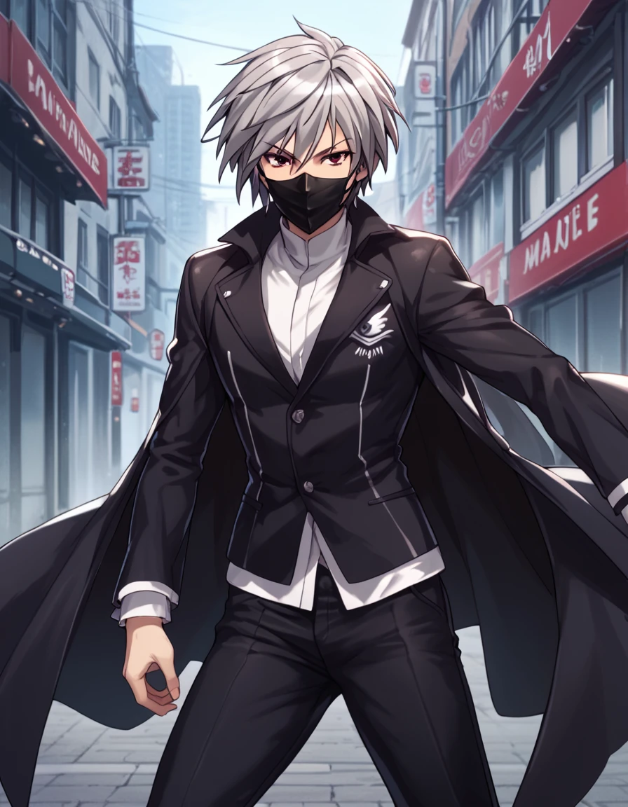 Homura, 1girl, short hair, red eyes, long sleeves, grey hair, coat, black pants, mouth mask, black mask, score_9, score_8_up, score_7_up, score_6_up, score_5_up, score_4_up, source_anime  ,<lora:SekireiSet1:1>, soft smile, dynamic pose,