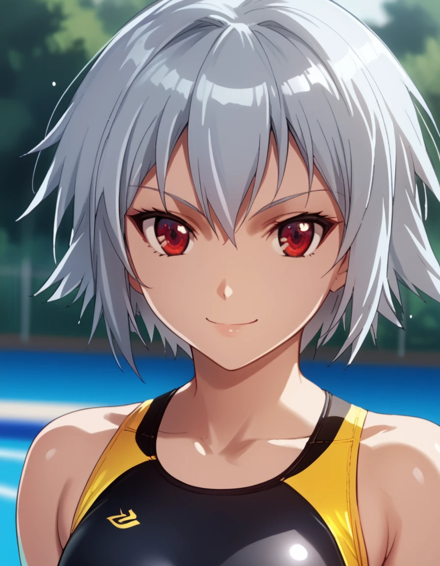 Sen, short hair, red eyes, grey hair, one-piece swimsuit, competition swimsuit, score_9, score_8_up, score_7_up, score_6_up, score_5_up, score_4_up, source_anime  <lora:Ben-Tou:1>, soft smile, portrait,