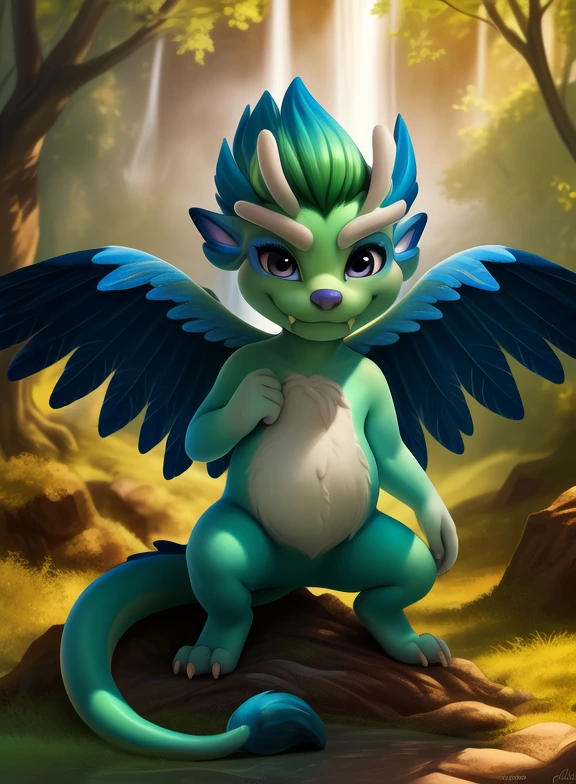 <lora:HeavenBeastSeaElvDom:1> HeavenBeastSeaElv, dragon, wings, red eyes, white belly, fangs, purple nose, green skin, chibi, small body,(tail, tassel tail), blue eye makeup,
Looks at the viewer, [  solo, (nature), forest, day, clouds, waterfall,]   ((cowgirl position,))
(beautiful, aesthetic, perfect, delicate, intricate, saturated colors), masterpiece, digital drawing, best quality,
by ulitochka, by taran fiddler, by Silverfox5213, by personalami,