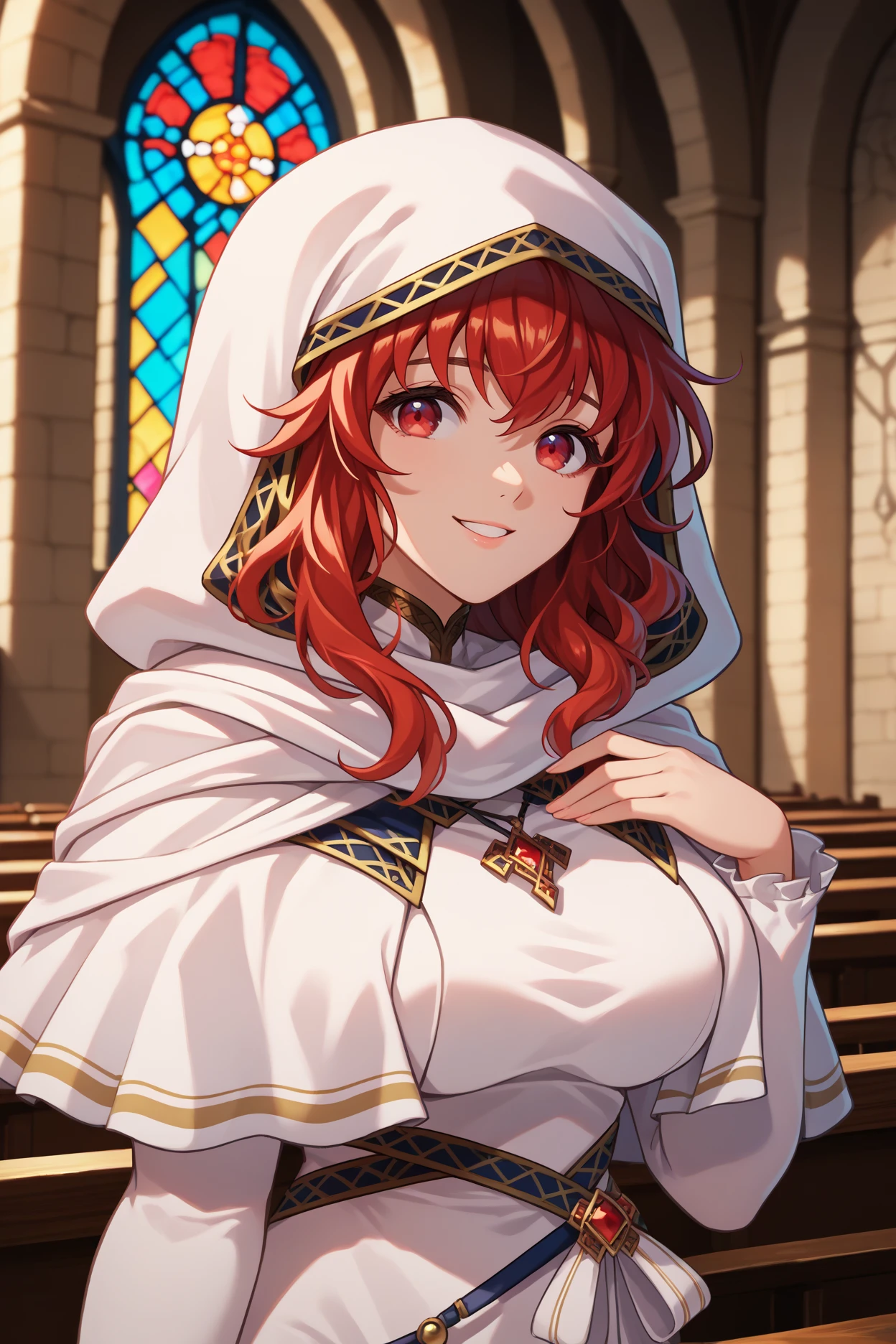 score_9, score_8_up, score_7_up, score_6_up, source_anime, 1girl, solo,  <lora:felena-pdxl-nvwls-v1-000004:1> feLena, red hair, long hair, red eyes, hood up, white robes, white capelet, pendant, long dress, upper body, big breasts, looking at you, smile, indoors, church, hand to own chest