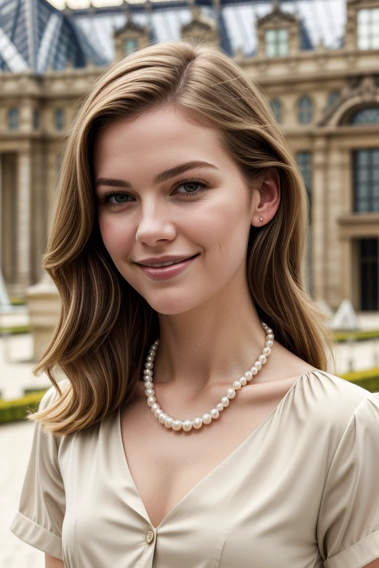 European woman, closeup, (shirt), pants, (Louvre Museum Courtyard), pearl necklace , smiling , ZM_lara, wide shoulders, perfect face, (contact iris: 1.1), pale skin, skin pores , depth of field