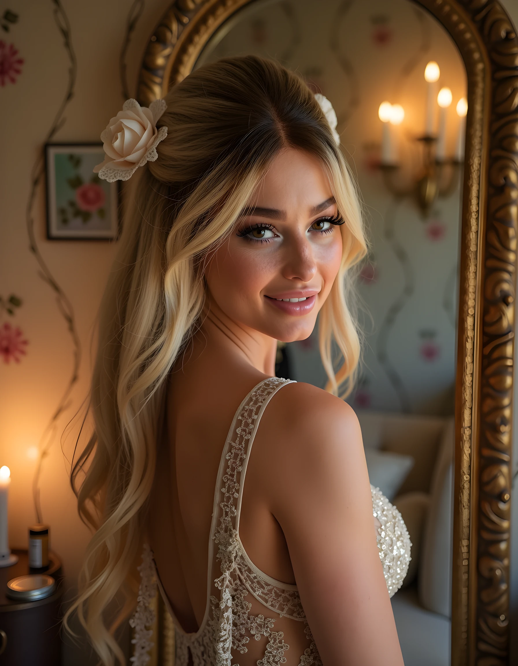 In a dimly lit, vintage-inspired Parisian atelier, the captivating D4ND is beautifully framed in a close-up shot. Her striking blonde hair cascades down her back like a waterfall of shimmering gold, flowing over her delicate shoulders and adorned with intricate flowers and pearls. Clad in an exquisite 1920s-inspired gown with lace detailing and a dazzling sequin pattern, she stands before an ornate antique mirror, her eyes closed in a serene smile that seems to radiate warmth and inviting allure. The soft glow of candlelight filters through the room, casting long shadows on the vintage wallpaper and illuminating her flawless features as she gazes intently into the camera with a hint of mystery and charm, as if sharing a secret with the viewer.