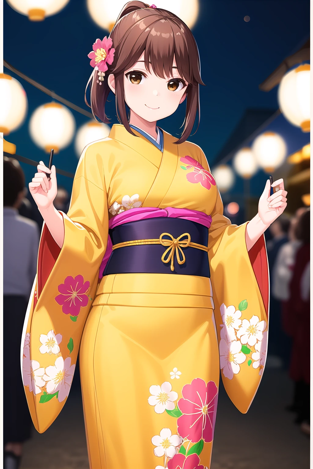 (masterpiece, best quality), highly detailed background, perfect lightingbest quality, shiinakokomi, solo, outdoors, night, summer festival, brown hair, ponytail, hair flower, swept bangs, medium hair, brown eyes, medium breasts, yellow kimono, wide sleeves, floral print, obi, sash, japanese clothes, smile, closed mouth, :), pink lips, <lora:Shiina-Kokomi:0.7>