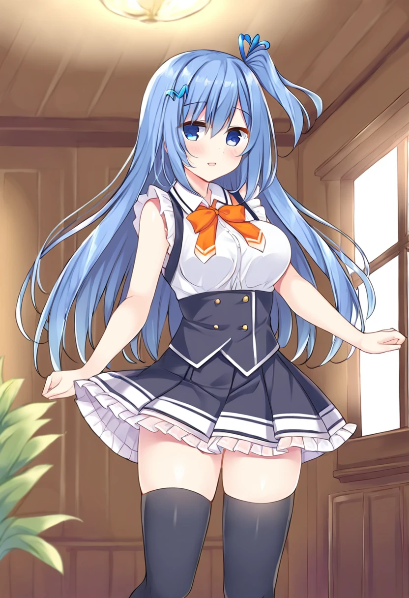 emori miku, blue eyes, blue hair, hair between eyes, blue hairclip, one side up, long hair, medium breasts, :d, white shirt, frills, bare shoulders, sleeveless, orange bow, frilled skirt, pleated skirt, black skirt, thighhighs, indoors, <lora:Character_Emori Miku:0.8>