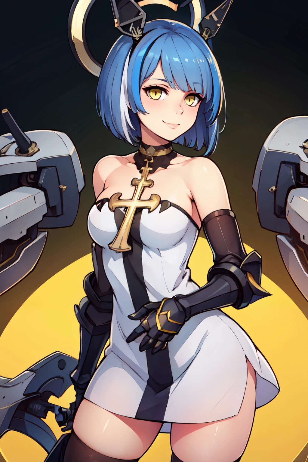 ((masterpiece,best quality)), absurdres,  BREAK, , <lora:Gascogne_Azurlane:0.8>,  zzGascogne, blue hair, short hair, yellow eyes, headgear, bangs, multicolored hair, streaked hair, mechanical halo,  bare shoulders, cross necklace, strapless dress, white dress, gauntlets, cross, choker, cleavage, , BREAK, side view, hip to the side, contrapposto,, BREAK, solo, smile, looking at viewer, cowboy shot,