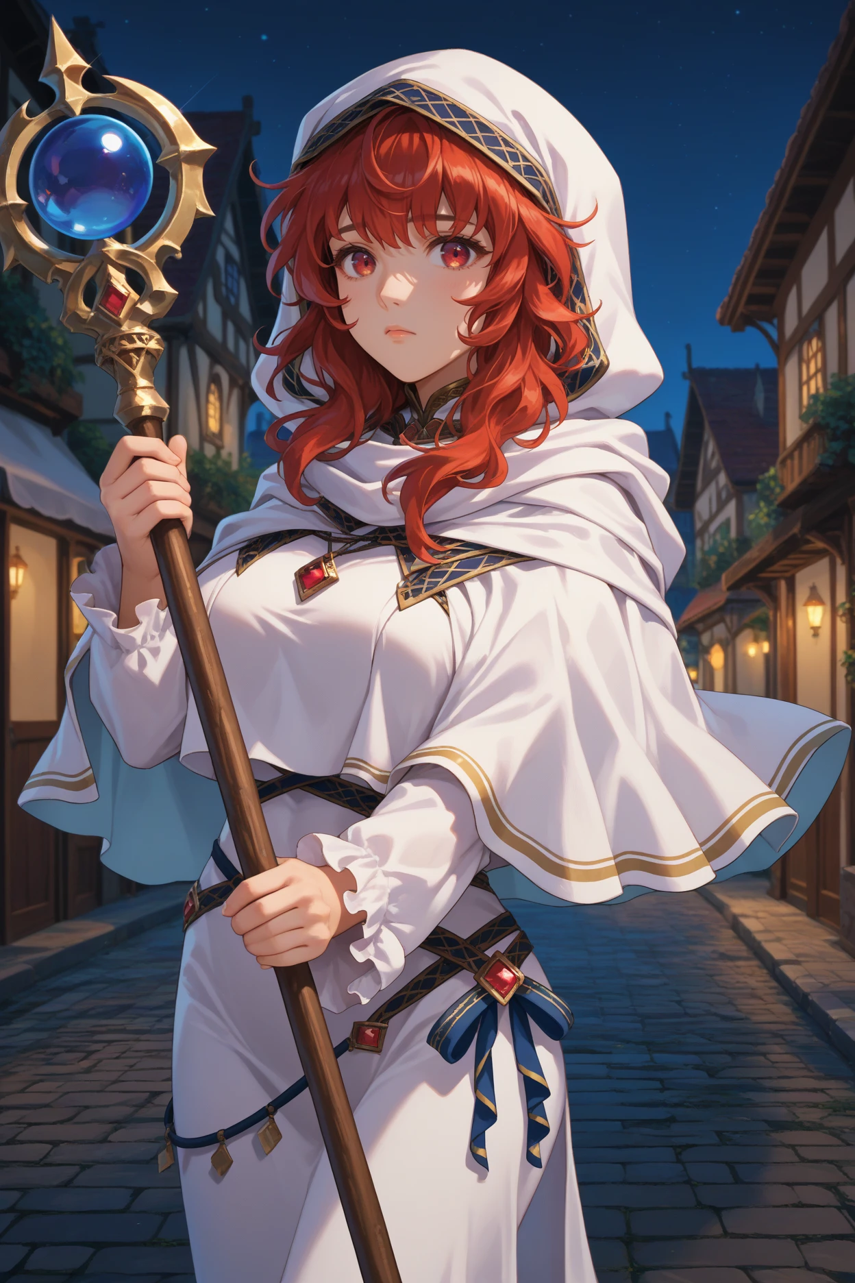 score_9, score_8_up, score_7_up, score_6_up, source_anime, 1girl, solo,  <lora:felena-pdxl-nvwls-v1-000004:1> feLena, red hair, long hair, red eyes, hood up, white robes, white capelet, long sleeves, pendant, long dress, upper body, big breasts, full body, from side, looking at you, worried, night, village, holding staff