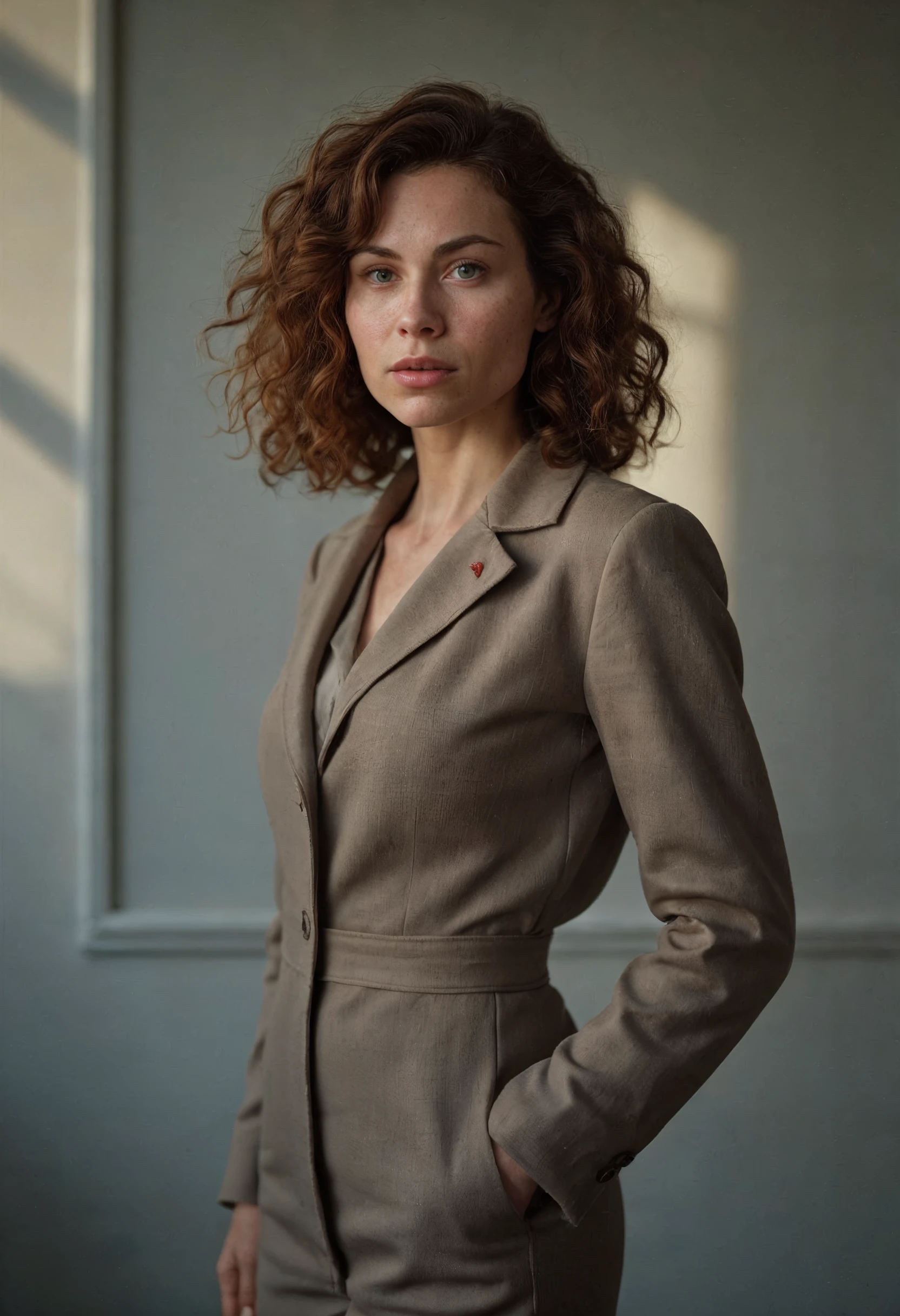 A powerful and timeless portrait of an English woman with curly hair, captured with a Canon EOS 5D Mark IV and a 50mm f/1.2 lens, showcasing her classic beauty and confident gaze in a sleek, modern outfit with a vintage touch, standing against a minimalist backdrop bathed in dramatic, natural light, evoking the iconic fashion photography style of Annie Leibovitz and Steven Meisel, creating a sophisticated and alluring image that references the timeless elegance of Vogue magazine.