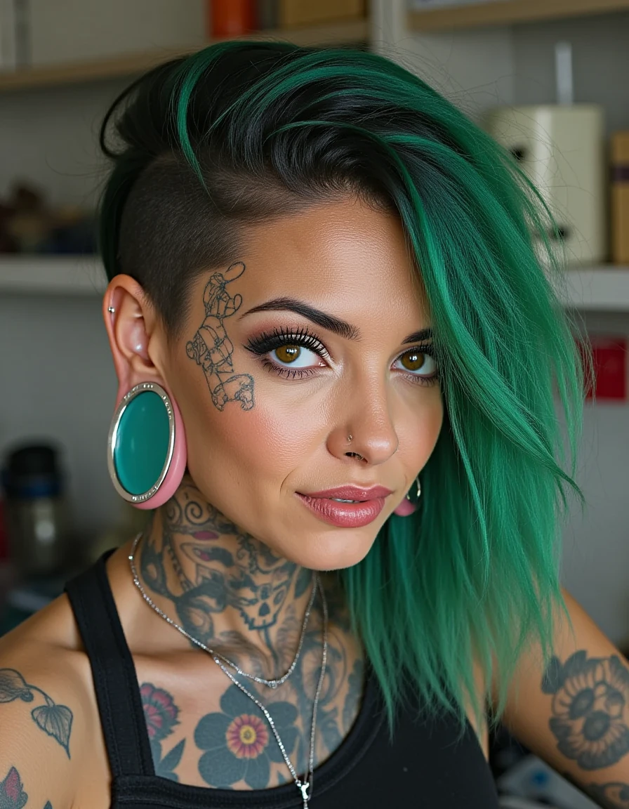 portrait photo of a  young woman's head looking forward with a  Ear Plug , green punk hair, and tattoos of flowers and skulls on her  face and neck,  as an art teacher in a school crafts room<lora:BigStretchedEarPlug:1>