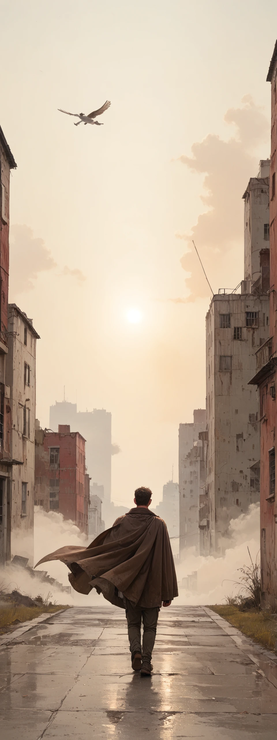 score_6up, a lonely man, sunglasses, walking to us, a lot of jewelry on his arms, he wear a long brown cape flying in the wind, in a post apocalyptic city, warm colors,  <lora:LOREVER-style_ponyXL:1.0>