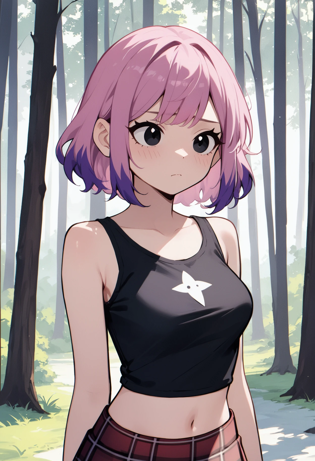 zPDXL3, score_9, score_8_up, score_7_up, score_6_up, score_5_up, score_4_up, 
1girl, medium breasts,
compression shirt, plaid skirt, midriff, 
sleepy, prostration,
forest,
<lora:Scott Pilgrim TO - Ramona v1:1> spramona, ramona flowers, two-tone hair, pink hair, purple hair, black eyes, solo,