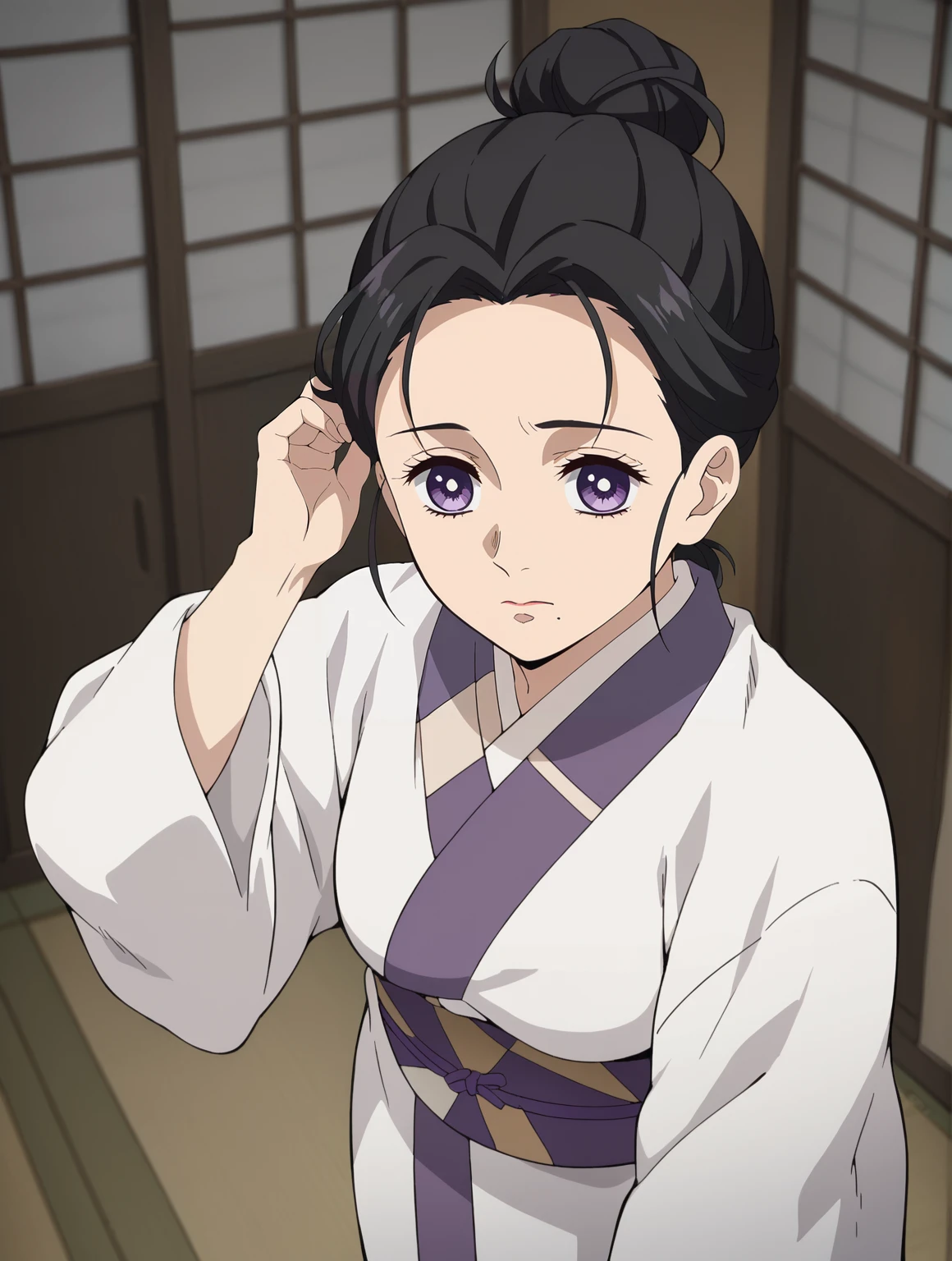 <lora:Kie_Kamado-Kimetsu_no_Yaiba:0.7>,kie,mature female,1girl,solo,purple eyes,black hair,mole under mouth,hair bun,kimono,adjusting hair,looking at viewer,indoors,worried, from above