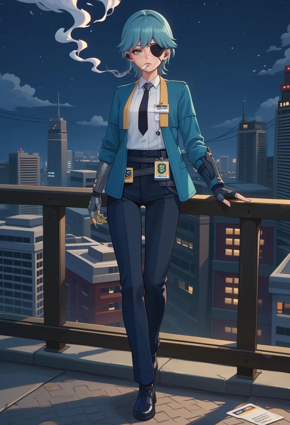 score_9, score_7_up, source_anime, BREAK <lora:AEOfelia:0.7> AEOfelia, aqua eyes, blue eyes, blue hair, short hair, prosthetic arm, single mechanical arm, eyepatch, earphones, blue jacket, long sleeves, black necktie, collared shirt, white shirt, shirt tucked in,
black gloves, fingerless gloves, belt, id card, black pants, black footwear, shoes, 
against railing, holding cigarette, smoke, skyline, night sky,