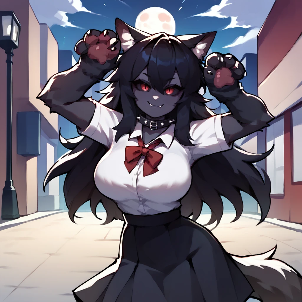 score_9_up, score_8_up, score_7_up, source_anime, <lora:HellhoundV5Lora1300:1>, Hellhound, solo, long hair, black hair, closed mouth, smile, fang, school uniform, spiked collar, large breasts, slim waist, wide hips, caramelldansen, dancing, cowboy shot, looking at viewer, BREAK, highly detailed background, night, night sky, moon,outdoors, city street, rating_safe, <lora:Caramelldansen_Pony:0.9>