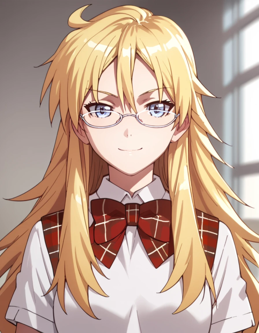 Ayame, long hair, blue eyes, blonde hair, ahoge, glasses, plaid skirt, school uniform, score_9, score_8_up, score_7_up, score_6_up, score_5_up, score_4_up, source_anime  <lora:Ben-Tou:1>, soft smile, portrait,