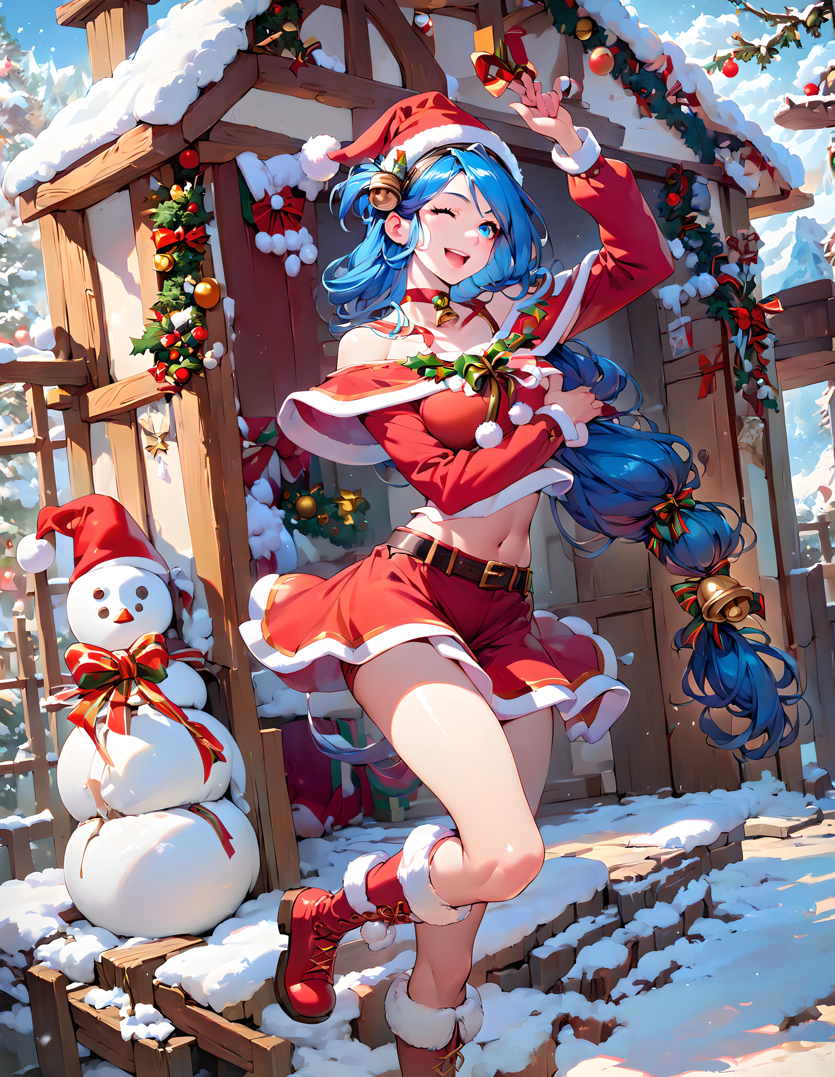 <lora:pony_xl_dana:0.9>,dana,score_9,score_8_up,score_7_up,source_anime,1girl,solo,smile,;d,open mouth,one-eyed wink,santa costume,bow,santa hat,choker,midriff,long sleeves,fur trim,navel,red skirt,red footwear,santa boots,fur-trimmed boots,knee boots,standing,standing on one leg,christmas,snow,bell,candy,gift,gift box,snowman,candy cane,christmas ornaments,cowboy_shot,