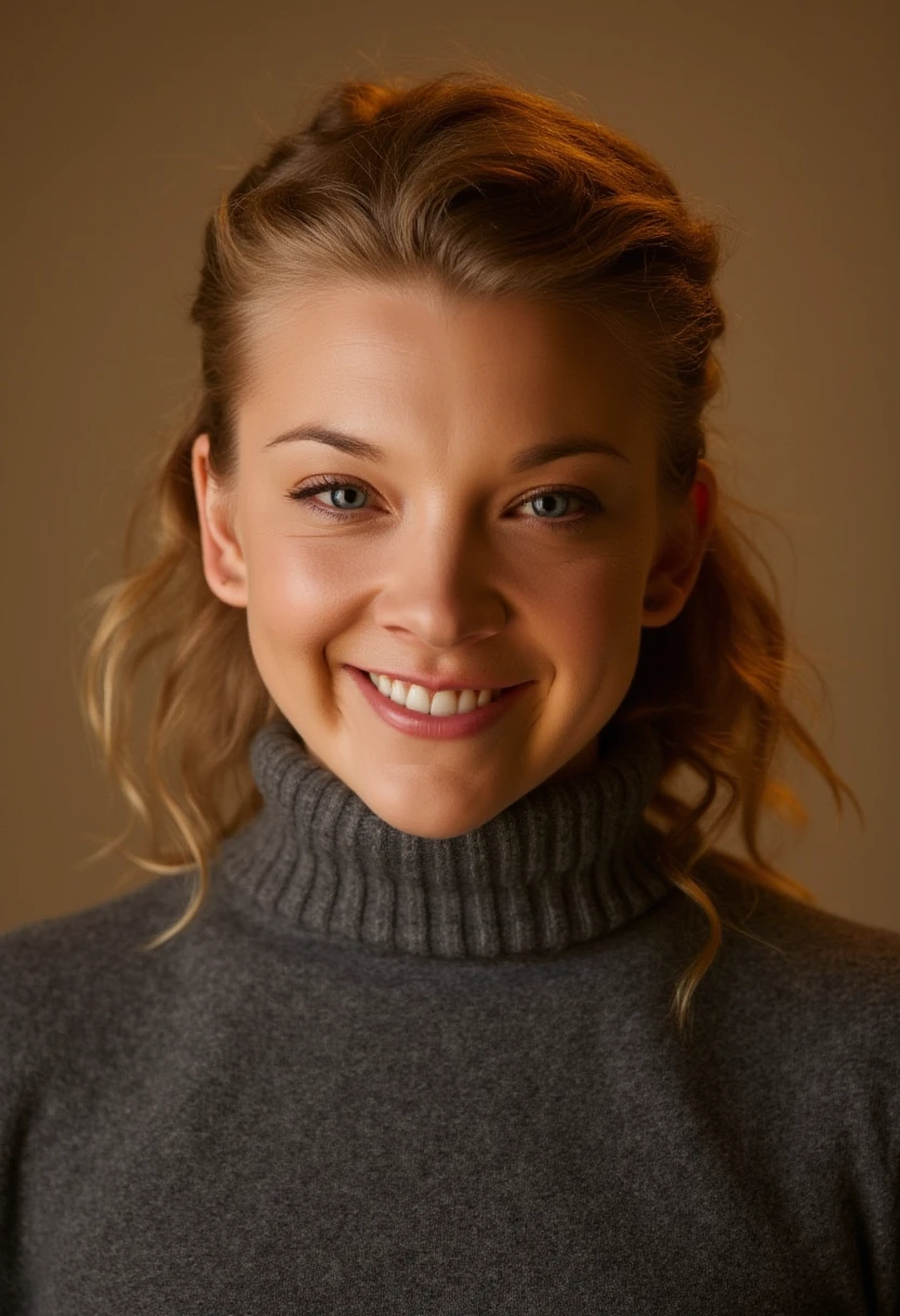 Natalie Dormer is captured in a professional close-up portrait indoors, wearing a cozy grey turtleneck sweater. The lighting is warm and softly diffused, highlighting her features and creating a gentle glow on her face. The background is a neutral, blurred tone, allowing her vibrant hair and expressive eyes to stand out. Her expression is relaxed and inviting, with a slight smile that brings warmth and elegance to the image