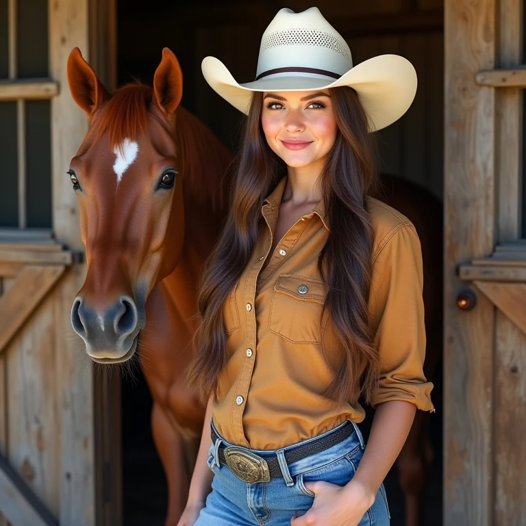 a brunette cowgirl is standing next to a buckskin quarter horse.  She's wearing (((wrangler jeans))) and a button up western shirt with a white straw cowboy hat.  The atmosphere is rustic and western themed.