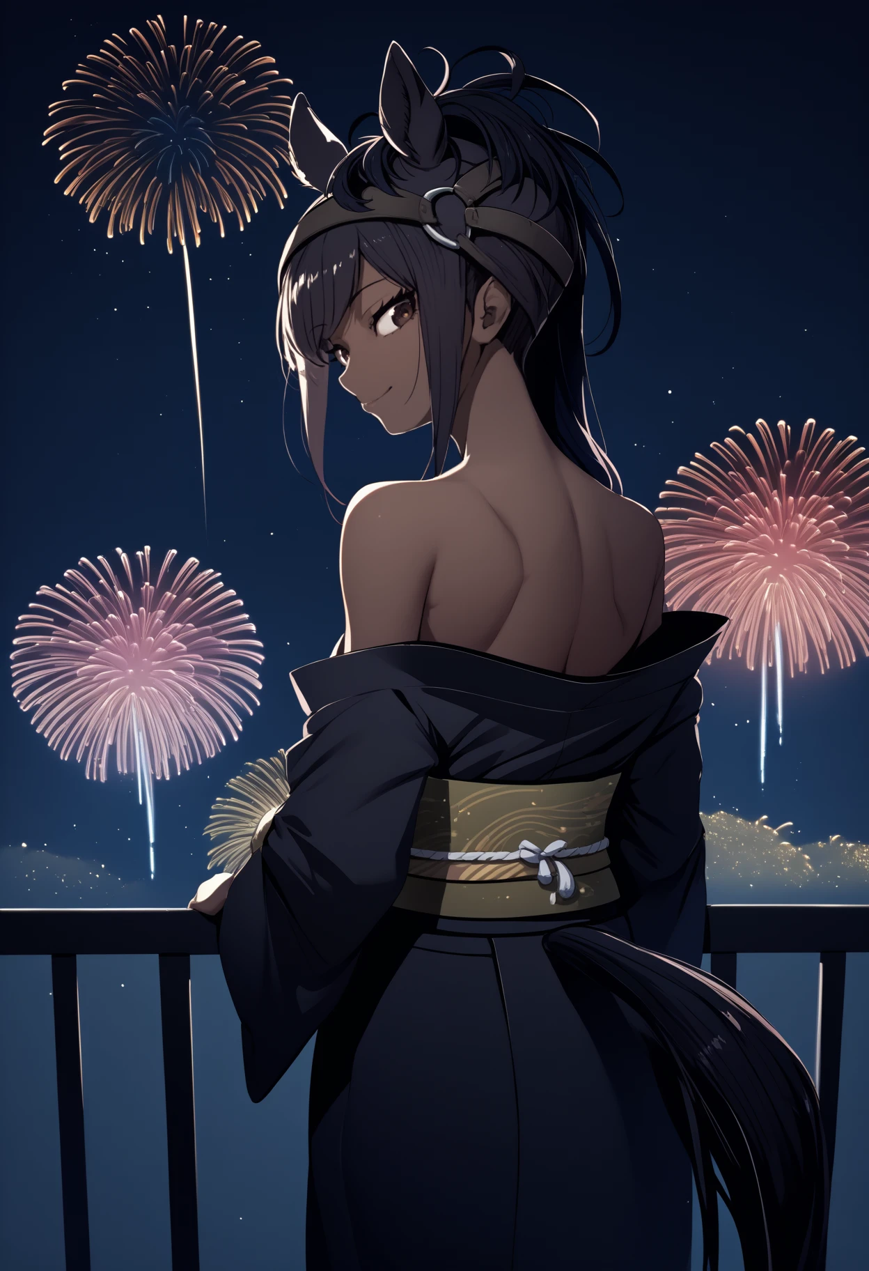 score_9, score_8_up, score_7_up, source_anime, <break> from behind, solo, 1girl, blkthrghbrd, dark-skinned female, horse tail, light smile, looking back, bridle, animal ears, extra ears, horizontal pupils, japanese clothes, black kimono, off shoulder, brown sash, bare shoulders, fireworks
<segment:yolo-face_yolov8m.pt,0.4,0.5//cid=1>