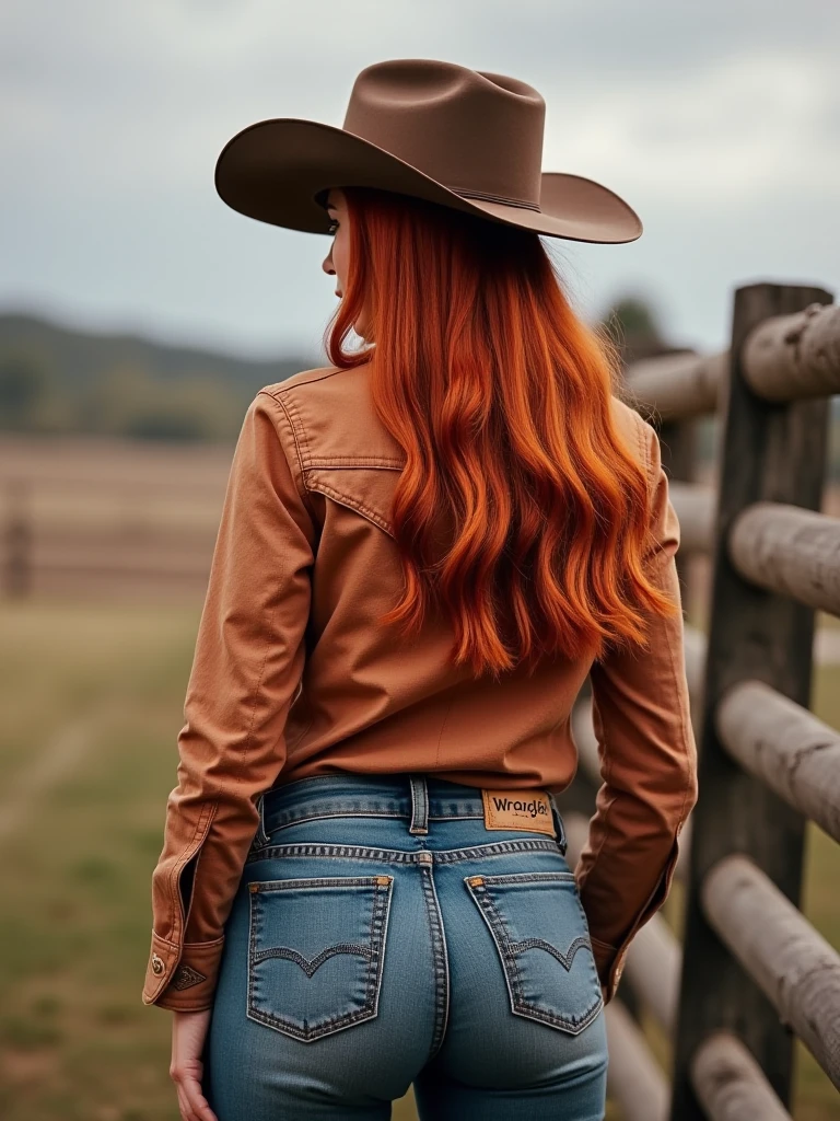 western clothing, view from behind of a red headed cowgirl wearing wrangler jeans and a western shirt and felt cowboy hat. She stands next to a fence, looking over her shoulder. Wrangler patch on the butt of her jeans