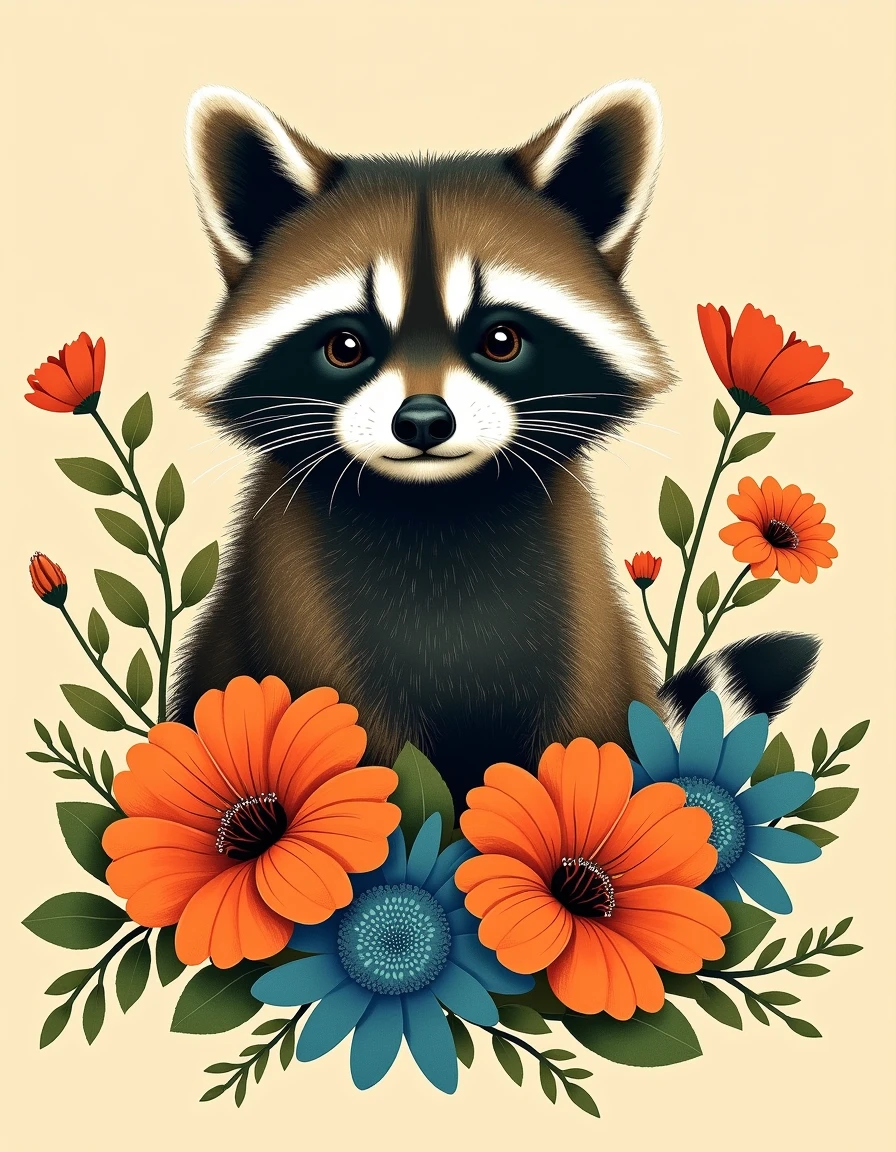 <lora:Vaguely Vintage_epoch_4:0.5>, a vaguely vintage illustration of a raccoon surrounded by orange and blue flowers