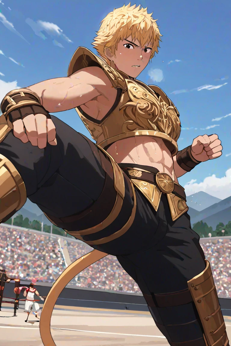 score_9, score_8_up, score_7_up, source_anime, rating_explicit, kicking, WukongRWBY, (blonde_Wukong_short hair), black eyes, 2ndboy, 2ndmale focus, [[[anime screencap]]], gold armor, pants, sweaty, yellow_Wukong_monkey tail, heavy breathing, one leg stand, hands with five fingers, looking down at viewer, fighting stance, blurry outdoor mountain, [[sunset]], smart blur, from below, dutch angle