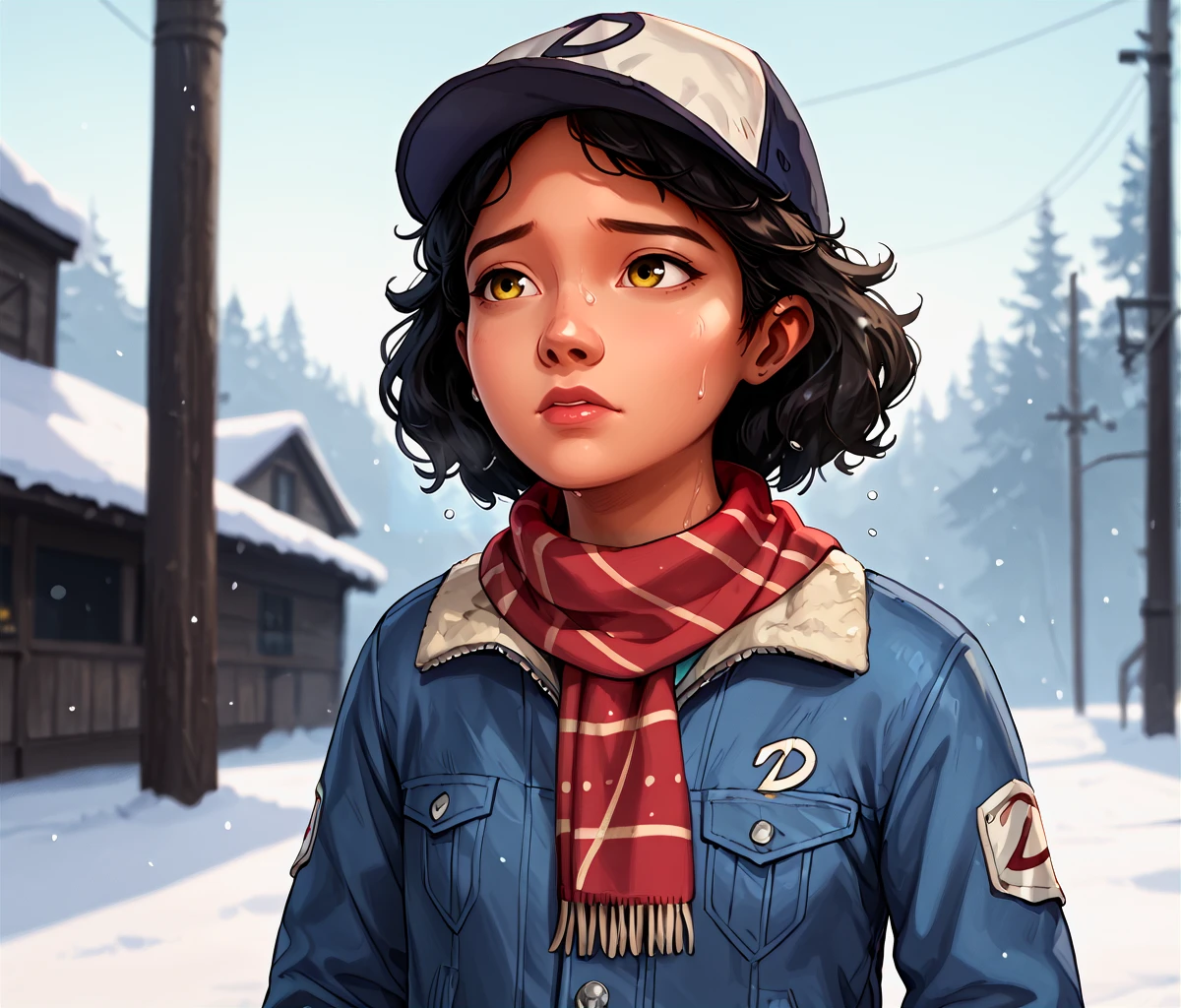 (score_9, score_8_up, score_7_up, score_6_up), clementine, telltale-style, twd, 1girl, hat, solo, dark skin, dark-skinned female, baseball cap, quilted jacket, snow, winter, cold, shivering, black hair, layered sleeves, yellow eyes, outdoors, scarf, blue jacket, long sleeves, upper body, contour lines, zPDXLrl <lora:Telltale_Walking_Dead_Clementine:1>